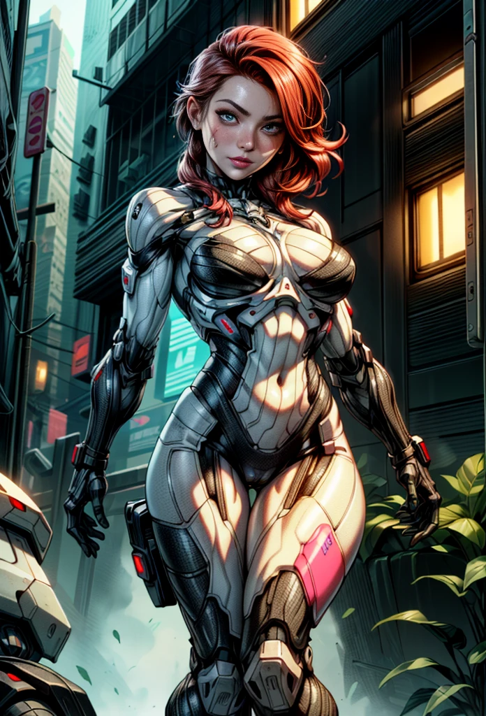 Hyper-realistic,  beautiful Jewel Staite in her 30's, she must have long vivid red hair, must have perfect large sized tear-drop breasts that are pert & perky, must  have a very fit muscular yet sexy curves and feminine body, sexy predominant abs, incredible ginger hair,  cyberpunk world, sex robot, has cybernetic legs that have panels of skin that are the same colour as her face, has cybernetic arms that have panels of skin that are the same colour as her face, soft white skin that is synthetic and looks like robotic panels that fit together, her skin is not real, synthetic skin, her whole body is made of robotics & cybernetics, pink lips , on, full body in frame and looking at the viewer  bright lights. warm lighting.  photo-realistic Details, 8k portrait, complicated, elegant, Very detailed, majestic, digital photography, side light, finely detailed beautiful eyes: 1.2), HDR, Realists, High resolution. close up shot, beautiful fantasy & cyberpunk mixed strip club background, ultrarealstic, incredibly detailed, 8k, cinematic view , sunligth, she is standing action pose looking right at the viewer, (naked appearance), (((all cybernetic parts must have panels with skin the same colour as her face)), 