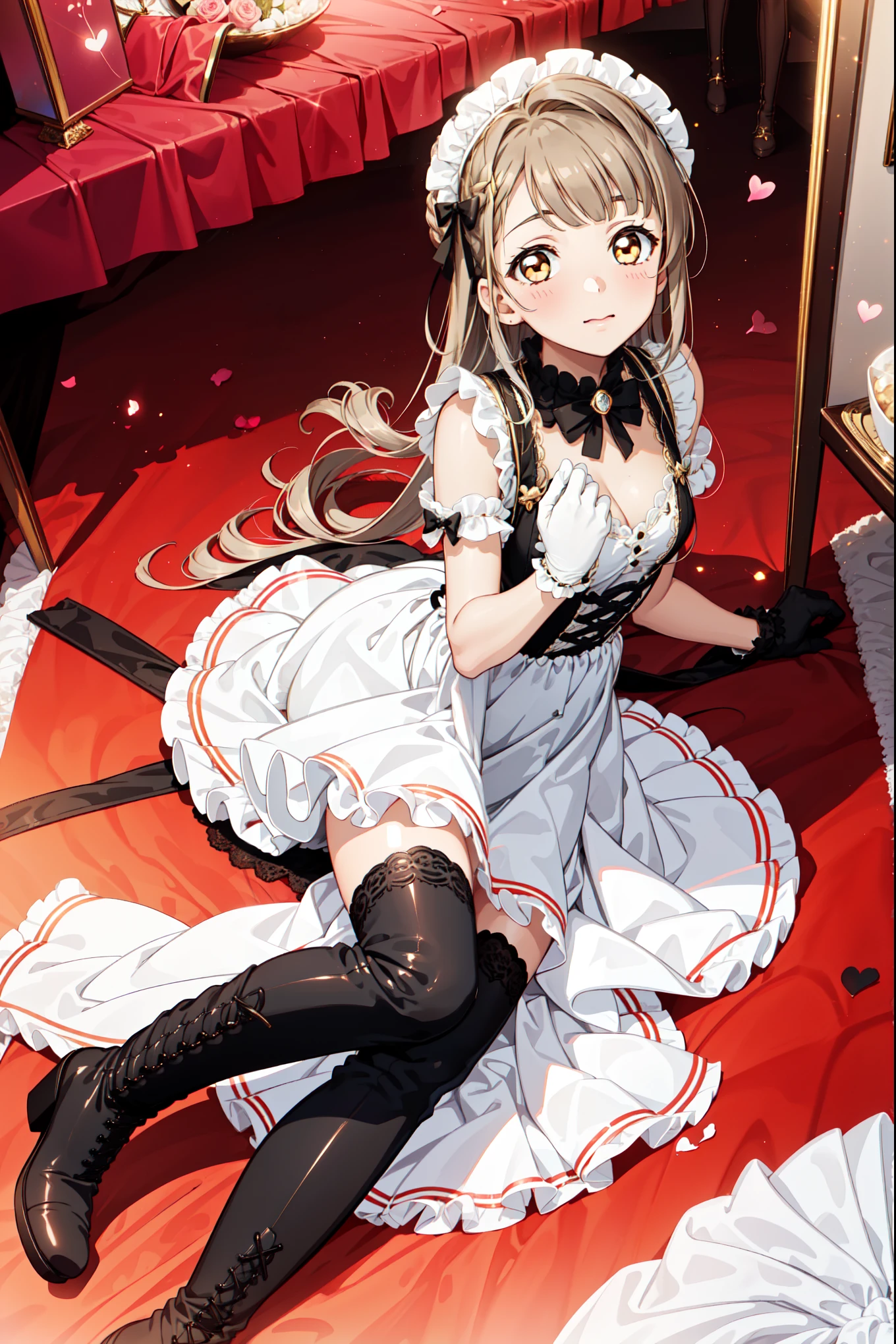 girl，Attractions，have fun，in love，(Wearing a gorgeous dress with laser patterns，Wear suspender boots:1.2)，Brown hair，Golden Eyes，in love，(Black Ruffle Bow Gloves)，White hair，Sacred headdress，Transparent lace，Exquisite clothing，European bedroom，(night:1.1)，Slender and beautiful face