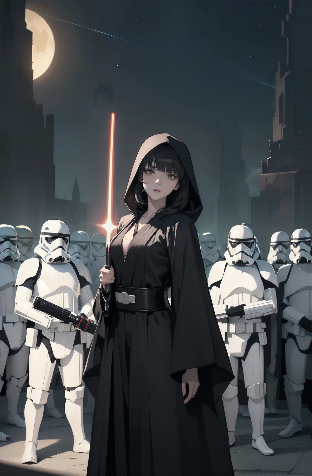 Shadow Face、Star Wars, jedi, black jedi robe、Black Robe, black belt,Star Wars concept art, Star Wars、jedi、Lightsabers、Black Robe、jediの服、Black hoodを被る、Star Wars、beautiful girl、cute、Droopy eyes、Random hair color、Beautiful Long Hair、Straight hair、bangsBangs、bangs、hime cut、Big Breasts、Slim body、slim、(Best Quality,4K,High resolution,Masterpiece 1.2),Very detailed,Real 1.37,Spooky Background,Dark fantasy,Black Theme,Ominous atmosphere,Eye-catching,Anime Style,Concept Art,beautiful, Gentle features, pale Skin, night、Dim lighting、Dark Background, Cinema Lighting, Dramatic Shadows, Spooky atmosphere, Dark words, 1 person&#39;S, Red cheeks, ,(Lightsabers1.3),Ruins,(Wasteland 1.3),((Random hair color)), Female Curves, Sexy flat stomach, Perfect hands, Extend one hand、Perfect anime character face, (Black hood)), standing, ((Black Robe), ,(Star Wars 1.3), In the woods, Moonlight Illumination, Night lighting, jungle、Space Fantasy,SF, Skeleton Gas Light,Absurd, High resolution、 ((Star Wars)), ((Best Quality)), (Very detailedな), ((Very detailed)), (beautiful), ((cute)), 1 person,(1.6)、beautiful face、Full Body Ezbian、pale, Beautiful skin、Big Breasts、Beautiful body、Slim body、beautiful feet、Smiling Kindly、Dark Building Ruins、(Ruins 1.3)、Low angle full body shot、(Random Background 1.3)、(Random Lightsabers Color 1.3)、Spirits、Droopy eyes、bangs, Long Hair, Star Wars、jedi、Blue Lightsabers、Ready your Lightsabers、Star Wars Background、Ruins、In the woodsで、night