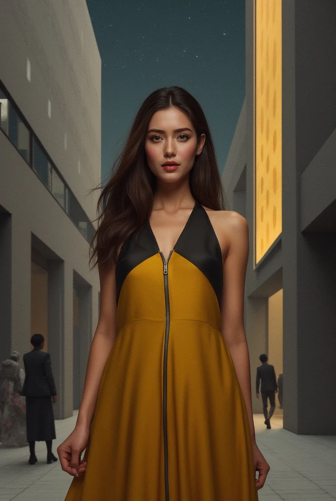 A woman with long dark brown hair stands confidently, wearing a vibrant yellow and black sleeveless dress with a sleek black collar. The silver zipper on her dress adds a touch of sophistication to the otherwise moody atmosphere. Against the backdrop of two contrasting buildings - one featuring gray and yellow panels, the other gray only - she poses with poise. In the distance, pedestrians move leftward across the frame, while the dark sky is punctuated by a few twinkling white stars.