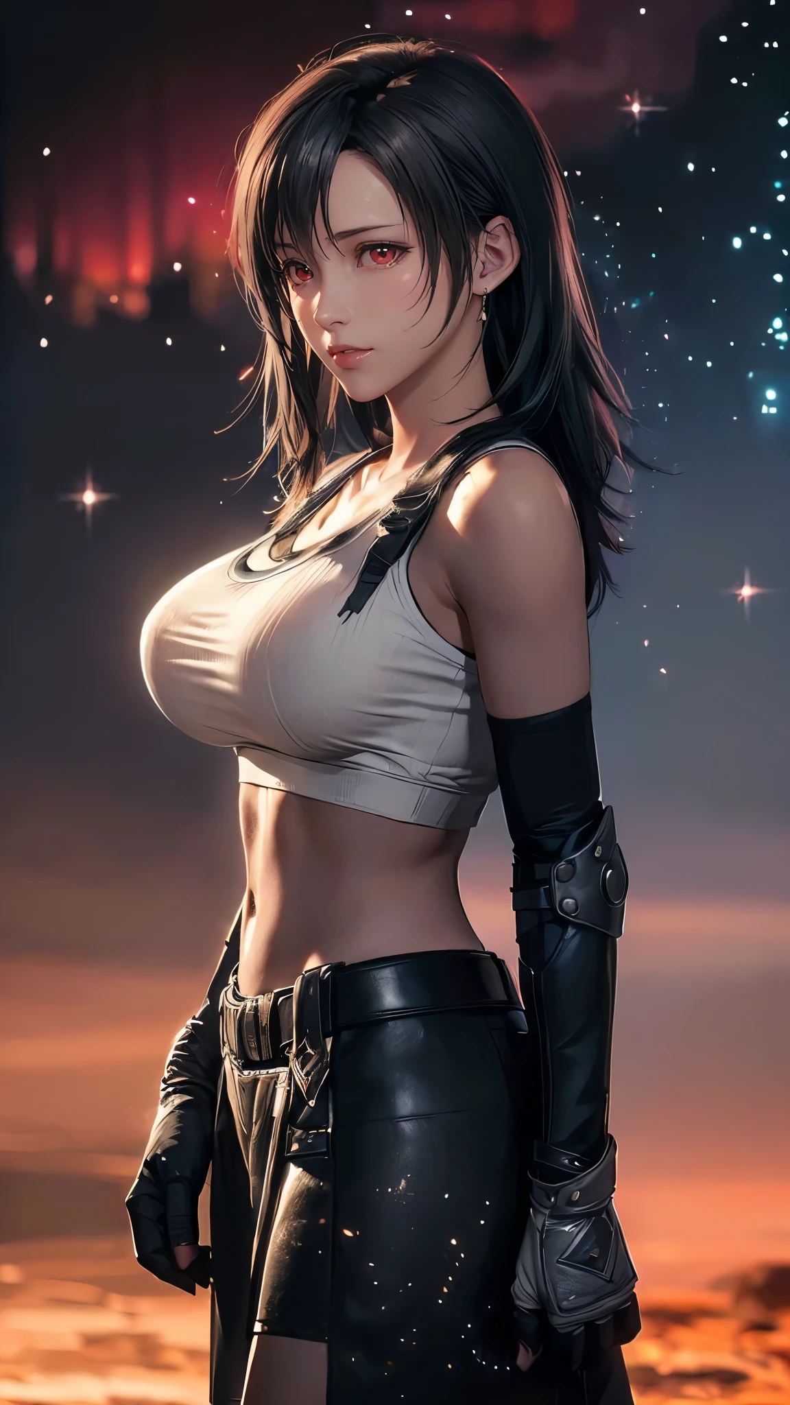 (（（figure，御姐figure,White and tender skin,（（belt, collarbone, crop top, elbow gloves, elbow pads, gloves, low-tied long hair, midriff, navel, skirt, stomach, suspenders, Tank top, ）））,(（（Tifa lockhart，red eyes，black hair，long hair））),,((masterpiece)),highres,((Best quality at best)),masterpiece,quality,Best quality,(（（ Exquisite facial features,Looking at the audience,There is light in the eyes, ））），jianying，silhouette，Huge breasts，starry sky ,aurora， from side））），