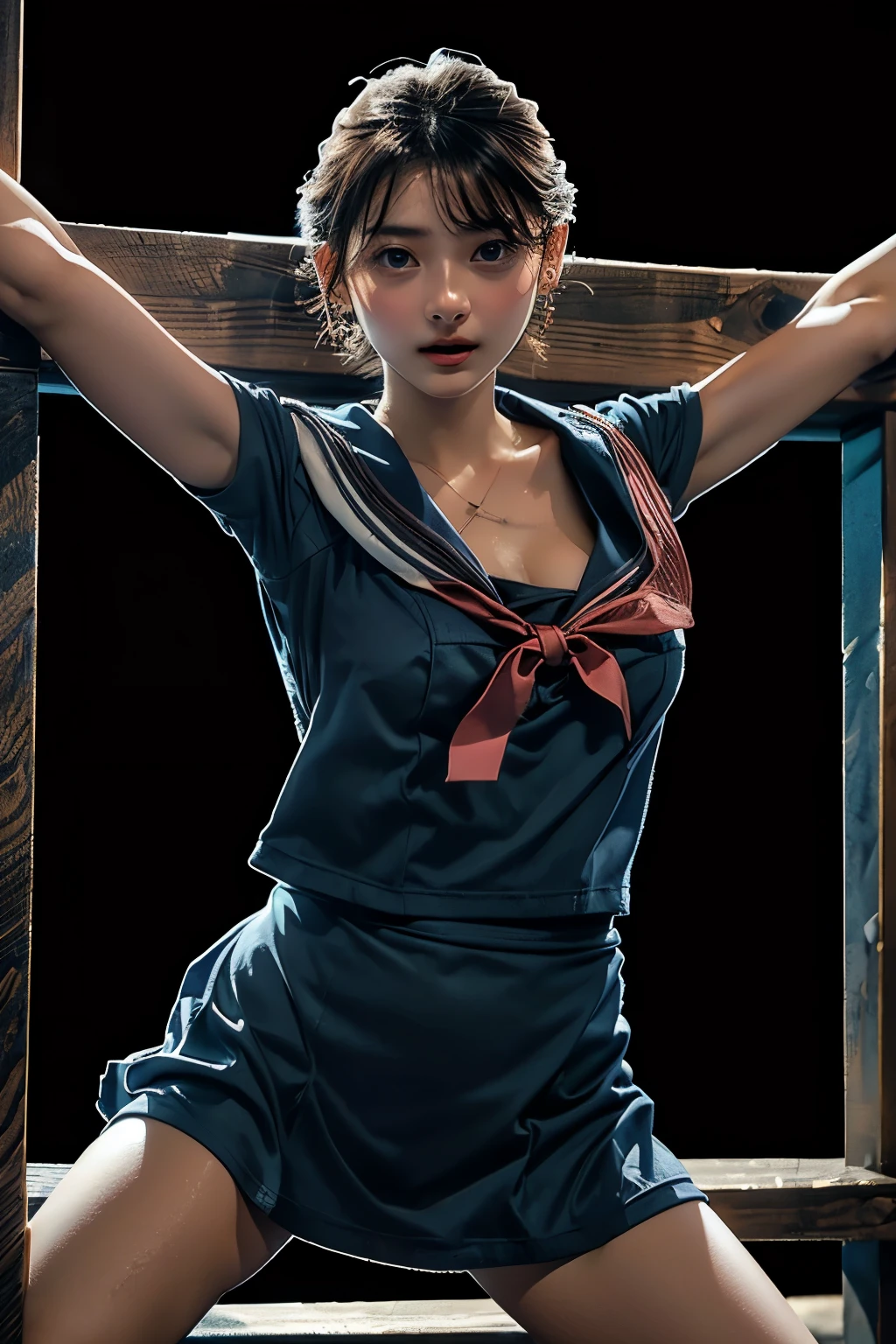 ((in stocks pose))、masterpiece,Highest quality、16k、Please redeem, Super A high resolution, (Realistic)、RAW Photos,Japanese super beautiful girl:1.2, Super sexy, Please redeem, Very detailed,Very accurate, ((Wearing a sailor suit, Being restrained)), ((X column constraint table)), (Ultra mini skirt),Fascinating short hair:1.3,Beautiful breasts:1.1, Detailed eyes:1.5, Looking at the audience:1.2,((Crucifixion))、spread_arms、Shooting from directly below、Realistic Face、Realistic Skin、((Spread your legs wide)),Sexy lips、Earrings