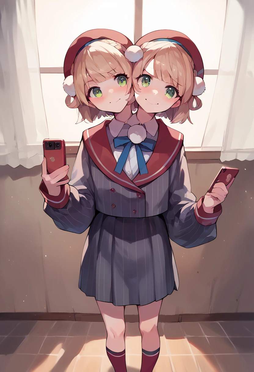 (masterpiece, best quality), best resolution, 16k, (dynamic angle), 1girl, two heads, uimm, def, holding smartphone, looking at the phone, standing, medium shot, at classroom