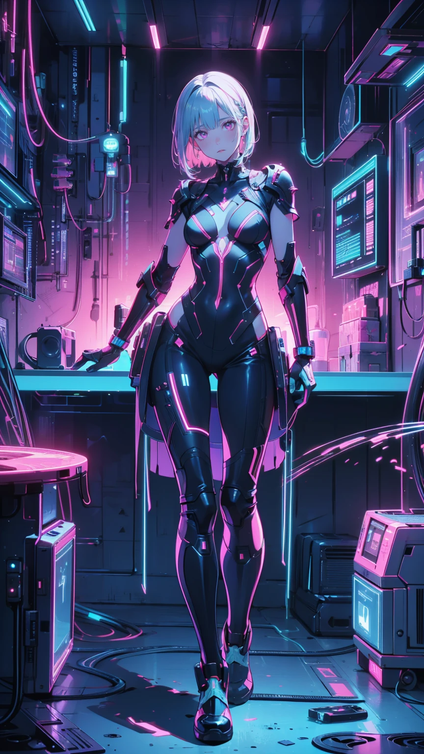 beautiful, Luminous futuristic woman, Complex Circuits, Neon-like colors, Cyberpunk Style, Advanced Technology, Digital Art, Advanced Details, Realistic, Dramatic lighting, Dynamic pose, Mysterious, Mysterious, Fascinating