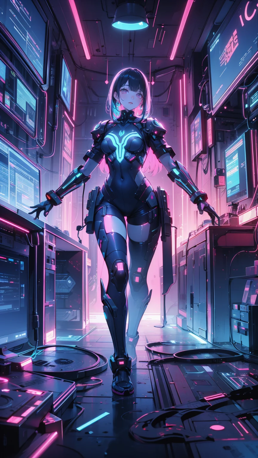 beautiful, Luminous futuristic woman, Complex Circuits, Neon-like colors, Cyberpunk Style, Advanced Technology, Digital Art, Advanced Details, Realistic, Dramatic lighting, Dynamic pose, Mysterious, Mysterious, Fascinating