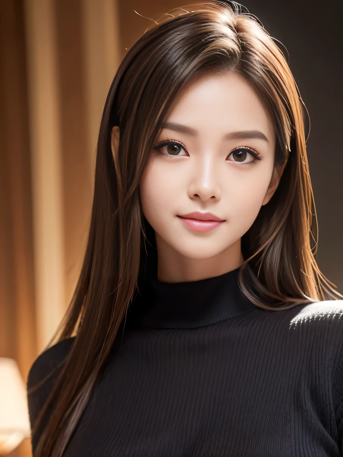 best quality, ultra-detailed, intricately detailed hyperdetailed, realistic, highly detailed, sharp focus, Realistic, Photorealistic:1.3, masterpiece, Japanese idol, Cute and charming, perfect face, perfect symmetrically eyes, perfect full lips, Thin face and sharp features, hyper detailed, hyper realistic, high resolution, fascinate, Beautiful Face, (black sweater), light brown hair, Beautiful hairstyle, (Slightly open mouth), (Tempting Smile:1.2), portrait, cinematic lighting, Dark background,
