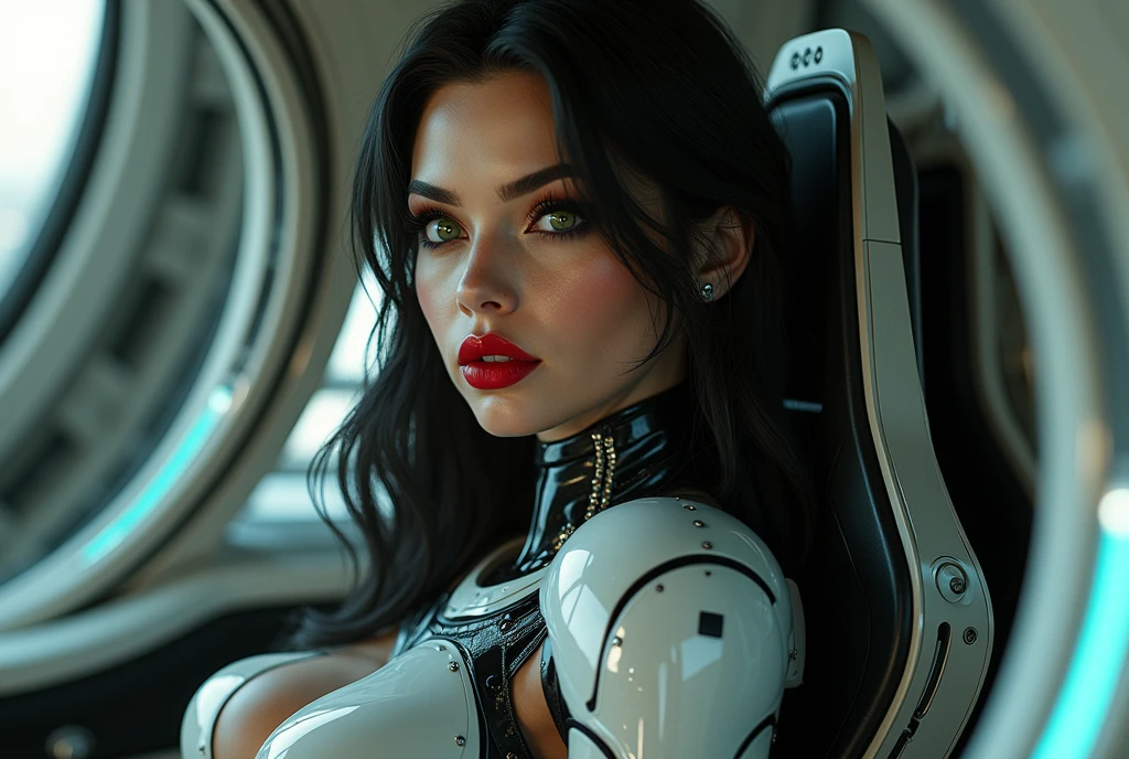 Beautiful cybernetic girl, looks like Ava Gardner, Curvy, gorgeous figure, with blue short curly hair, size 3 breasts, Futurism, ciberpunk, steampunc, dressed in a black and white latex shiny futuristic suit with spacesuit elements, exquisite erotica, sits with its back , looks out the window, inside a futuristic car, a futuristic city is visible from the window, night time, neon lights, cinematic quality, Masterpiece, high-quality photo