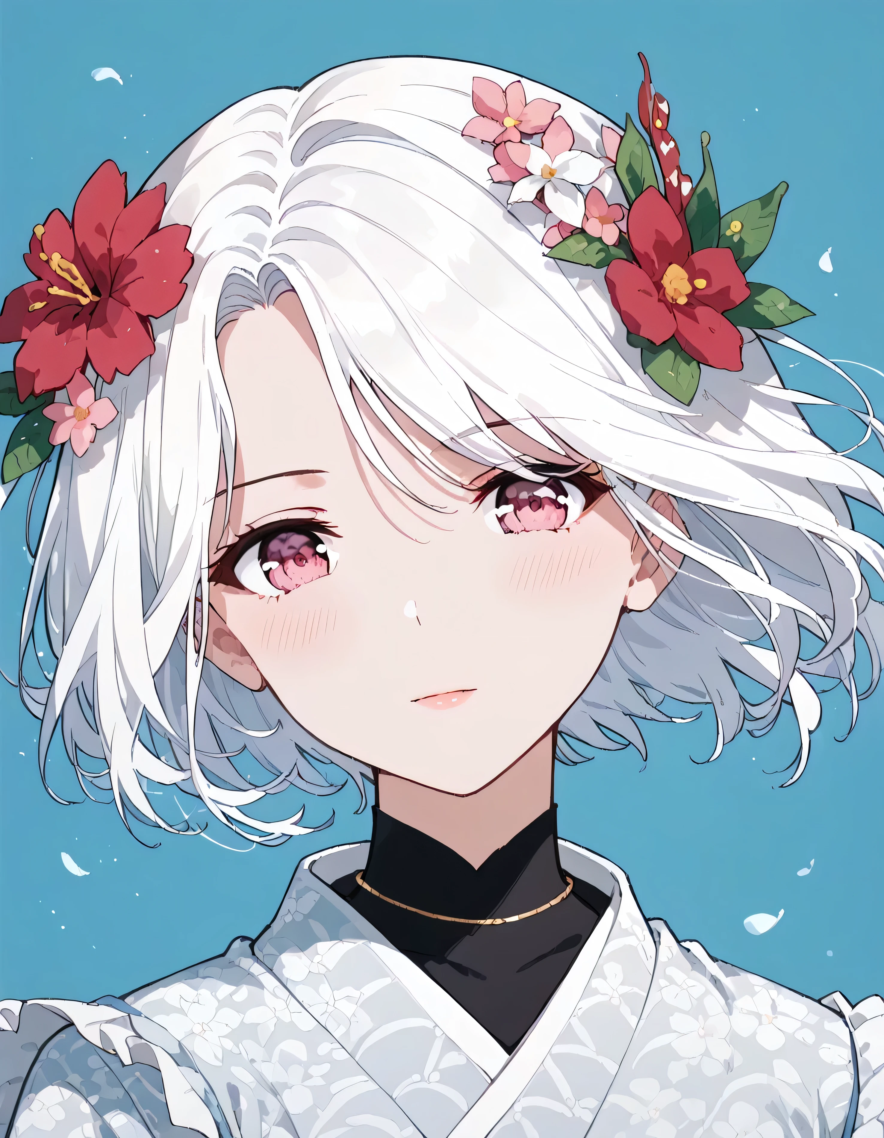 UN\(EOE\),one girl,solo,best quality, masterpiece, ,,break,1girl,(blur background),,break, super detailed skin,very high resolution, very aesthetic,by famous artist, 8k, 16k,,beauty illustration,photoshop_(small)),(pink eyes:1.2),(white hair|Detailed hair|short hair|shiny hair|curtained hair),bust,(japanese kimono:1.2,flower on hair)