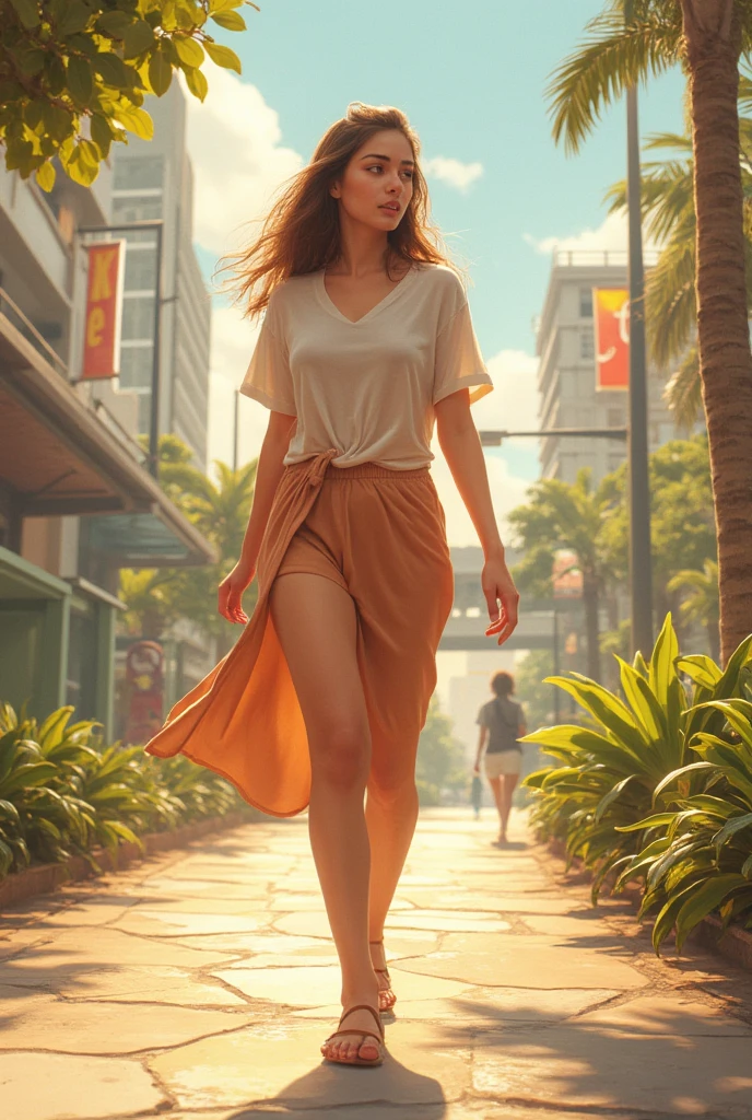 A young woman, dressed in a casual yet stylish T-shirt dress, walks confidently along the pedestrian path. The warm sunlight casts a gentle glow, highlighting the folds of her dress as she moves. In the background, urban architecture blends with lush greenery, setting a vibrant tone for this carefree afternoon stroll.