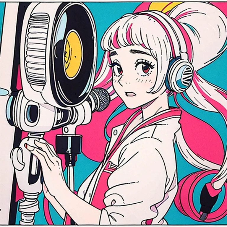 masterpiece, manga style, pen, 1girl, headphone, cool, close, no background, white, mouth open, medium hair, medium layer, spot color, vivid color, solid color, singing, microphone, Singing into the microphone stand