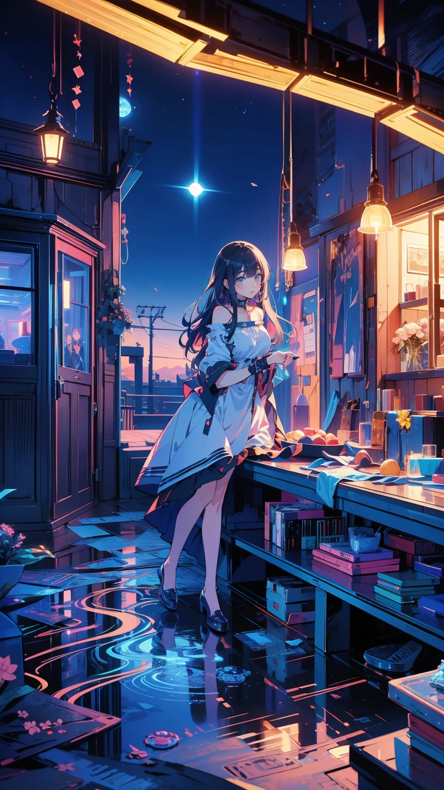 1 girl, eye, close, Beautiful night sky, Meteor Shower, Beyond the Clouds, Surrounded by water, reflection, Wide Angel, Breathtakingly beautiful clouds, Wide angle, by Makoto Shinkai, Thomas Kinkade, James Gillard, From holosomnialandscape, High resolution, Volumetric Lighting, Ray Tracing, Complex, Attention to detail, Very detailed, DeviantArt, 4k vertical wallpaper,, colorful, , Anime illustration, Anime Nature Wallpaper