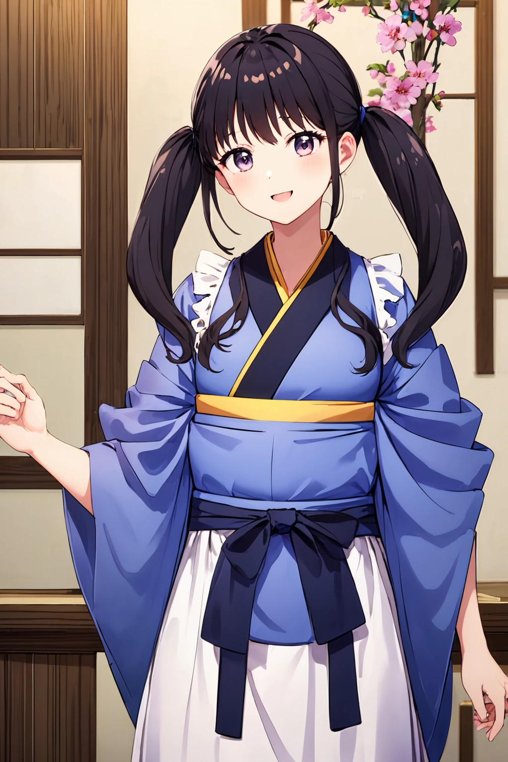 masterpiece,Best Quality,Highly detailed 8K wallpapers,Check it out, Purple eyes,One girl,whole body,standing,Twin tails,kimono,