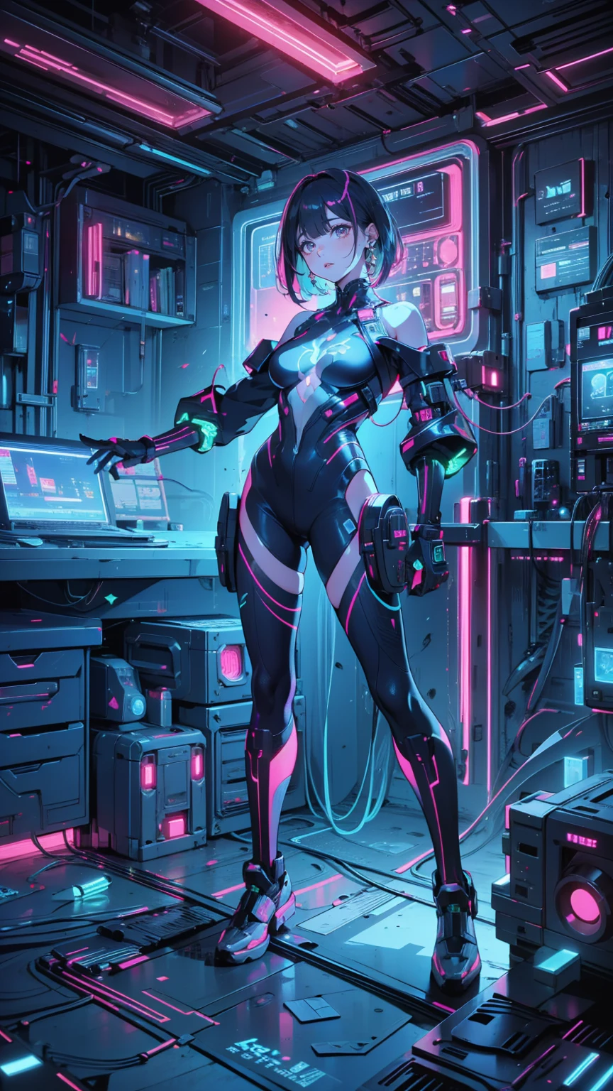 beautiful, Luminous futuristic woman, Complex Circuits, Neon-like colors, Cyberpunk Style, Advanced Technology, Digital Art, Advanced Details, Realistic, Dramatic lighting, Dynamic pose, Mysterious, Mysterious, Fascinating
