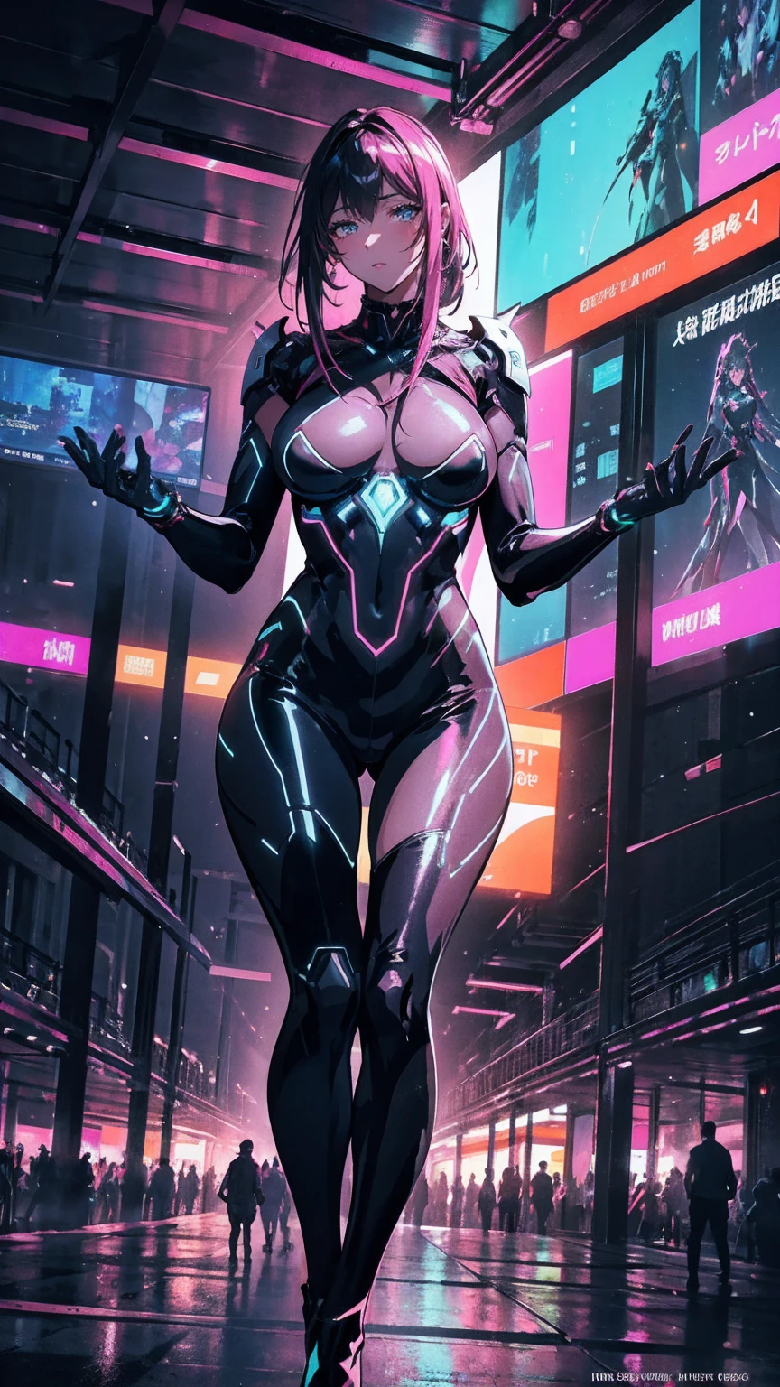 beautiful, Luminous futuristic woman, Complex Circuits, Neon-like colors, Cyberpunk Style, Advanced Technology, Digital Art, Advanced Details, Realistic, Dramatic lighting, Dynamic pose, Mysterious, Mysterious, Fascinating
