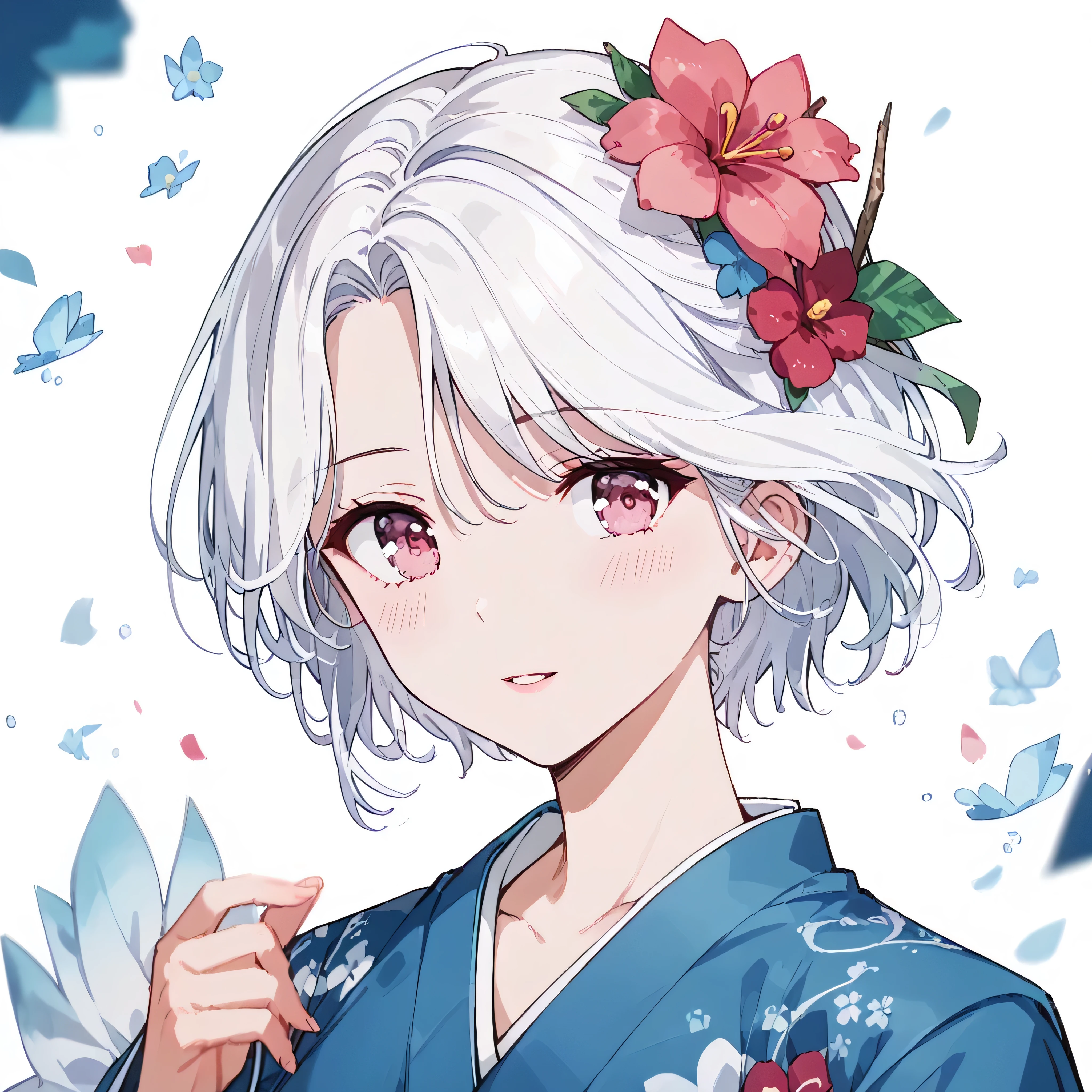 UN\(EOE\),one girl,solo,best quality, masterpiece, ,,break,1girl,(blur background),,break, super detailed skin,very high resolution, very aesthetic,by famous artist, 8k, 16k,,beauty illustration,photoshop_(small)),(pink eyes:1.2),(white hair|Detailed hair|short hair|shiny hair|curtained hair),bust,(japanese kimono:1.2,flower on hair)