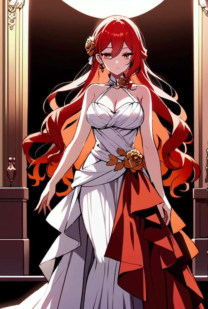 ((masterpiece)), ((best quality)), ultra detailed, detailed background, orange hair, Long Hair , green eyes, thin eyes, extreme large breast, long hair, highest details, sexy, focus, Alluring, long legs, hentai style, sensual smile, erotic, erotic body, sexually suggestive, hentai body, sensual pose, naughty face, aroused body, ((wedding dress))