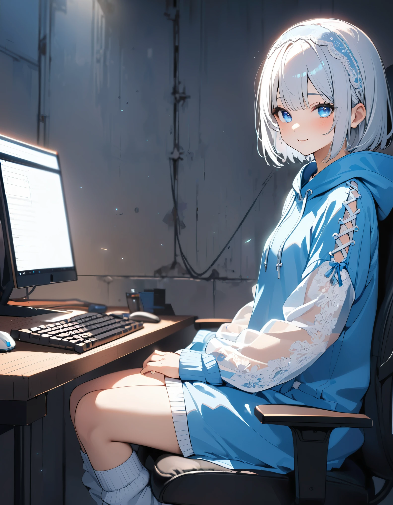 (8K, best quality, master piece: 1.2),super high resolution,1 girl,****,solo,ultra-detailed face,detailed eyes,blue eyes,:3,Sitting in a chair,Typing gaming PC,mascara,Short hair,lace-trimmed hairband,white hair,straight hair,oversized long sleeves light blue hoodie dress,(the dress with Sheer Lace-up sleeves:1.2),white leg warmers with five light blue ribbons,very cute,rim light,from side,concrete wall,modern room