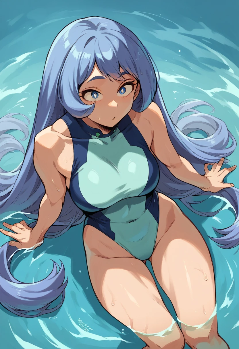 nejire hadou, blue eyes, blue hair, long hair,Blue swimsuit、Pool