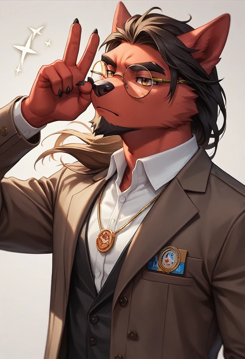 Close-up of a: man, face only, furry, antromorfo, zorro, red body, maduro, masculine, with hairstyle (Long hair), and medium short black beard,.. attire: brown suit, black male cafarena, peace shape necklace, and some round glasses,.. bottom: Set, photo shoot, single white room,.. pose: looking at the camera, Serious, (cara lateral, ladeado), (ángulo de toma face only, wind,.. Effects: light illuminated, lenses reflecting light.