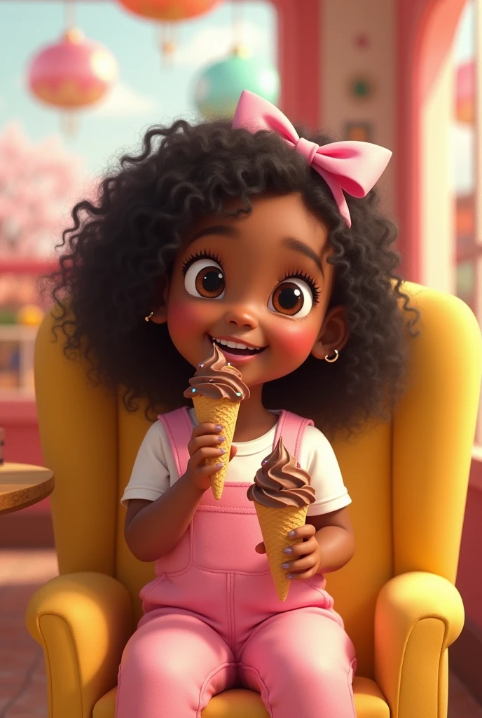 A 4-year-old brunette Brazilian child, expressive honey-colored eyes, thick, curly black hair, lollipop pendant on chain , lilac dress, blue and pink pacifier, flower park background