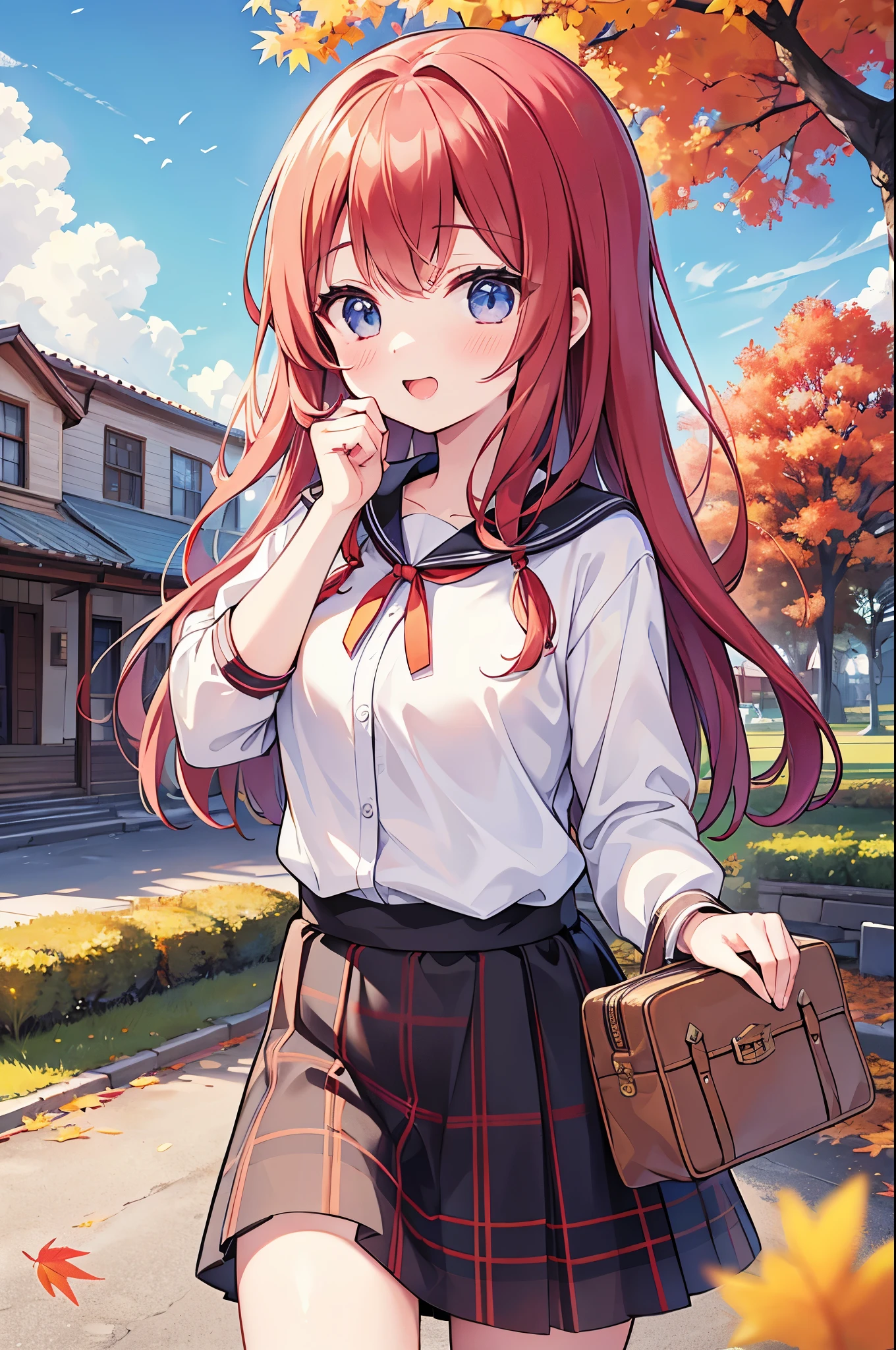 Super Best masterpiece, 16k, Highest quality, Ultra-high resolution, Cute Girls, Autumn scenery, Going out, Feeling excited, It's a nice day today, It seems like something good is going to happen