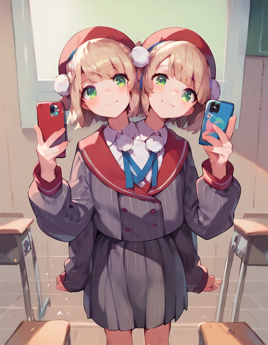 (masterpiece, best quality), best resolution, 16k, (medium shot, dynamic angle), 1girl, two heads, uimm, def, holding smartphone, looking at the phone, standing, at classroom