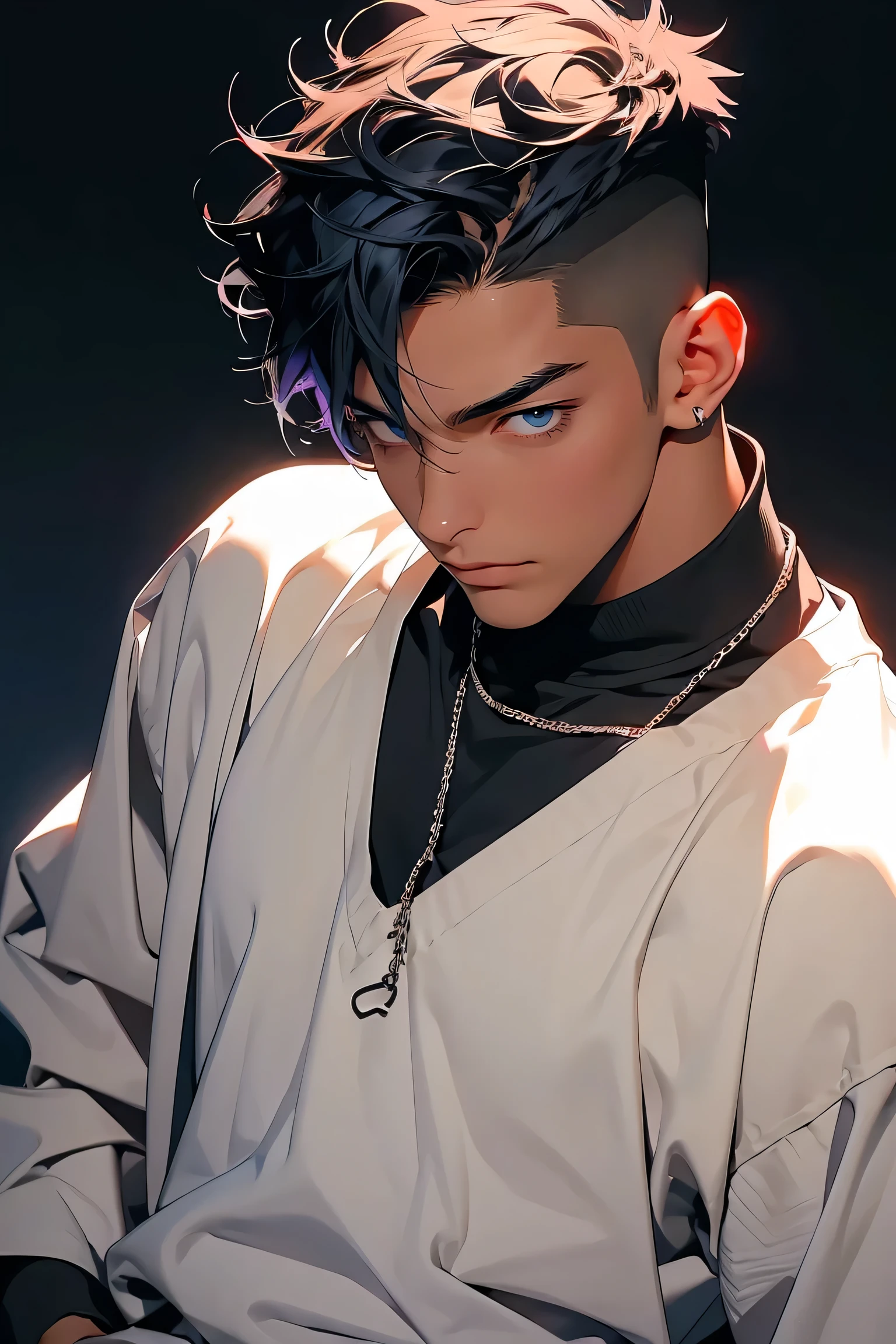 Top quality, 8k, High-resolution images, Jujutsu Kaisen Anime, , slightly dark skin, Not clear, Violet light is reflected, (Close angle), 1 person, young man, Male and Smiling Evil, Model, Cool, Muscular, shaved body, Smiling, blue eyes, brown very short hair, Blue hair, short hair, Hairstyle: Undermining, I combed my hair back.., my chest is swollen, wearing a white shirt and jacket, chain link, Black sweatpants, hands in pockets, 金のchain link. background: city, Streets of the big city