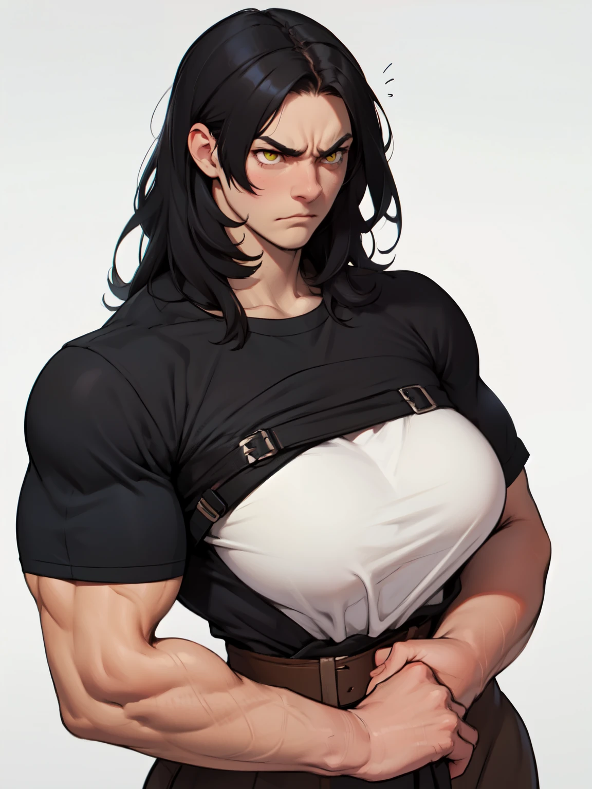 ((((girl)))) (((huge muscles))) very long hair black hair yellow eyes pale skin upset