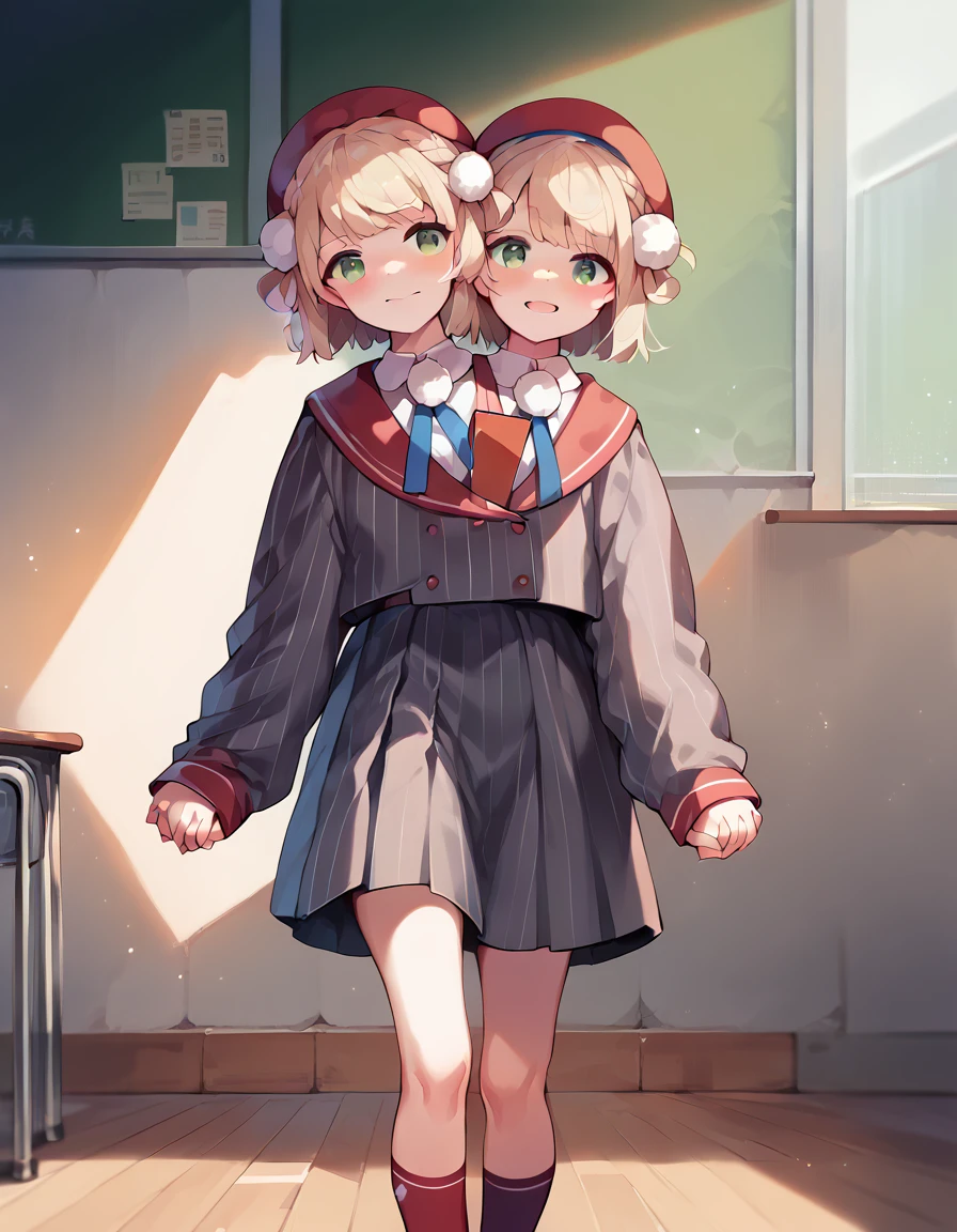 (masterpiece, best quality), best resolution, 16k, (medium shot, dynamic angle), 1girl, two heads, uimm, def, left hand holding smartphone, looking at the phone, walking, at classroom