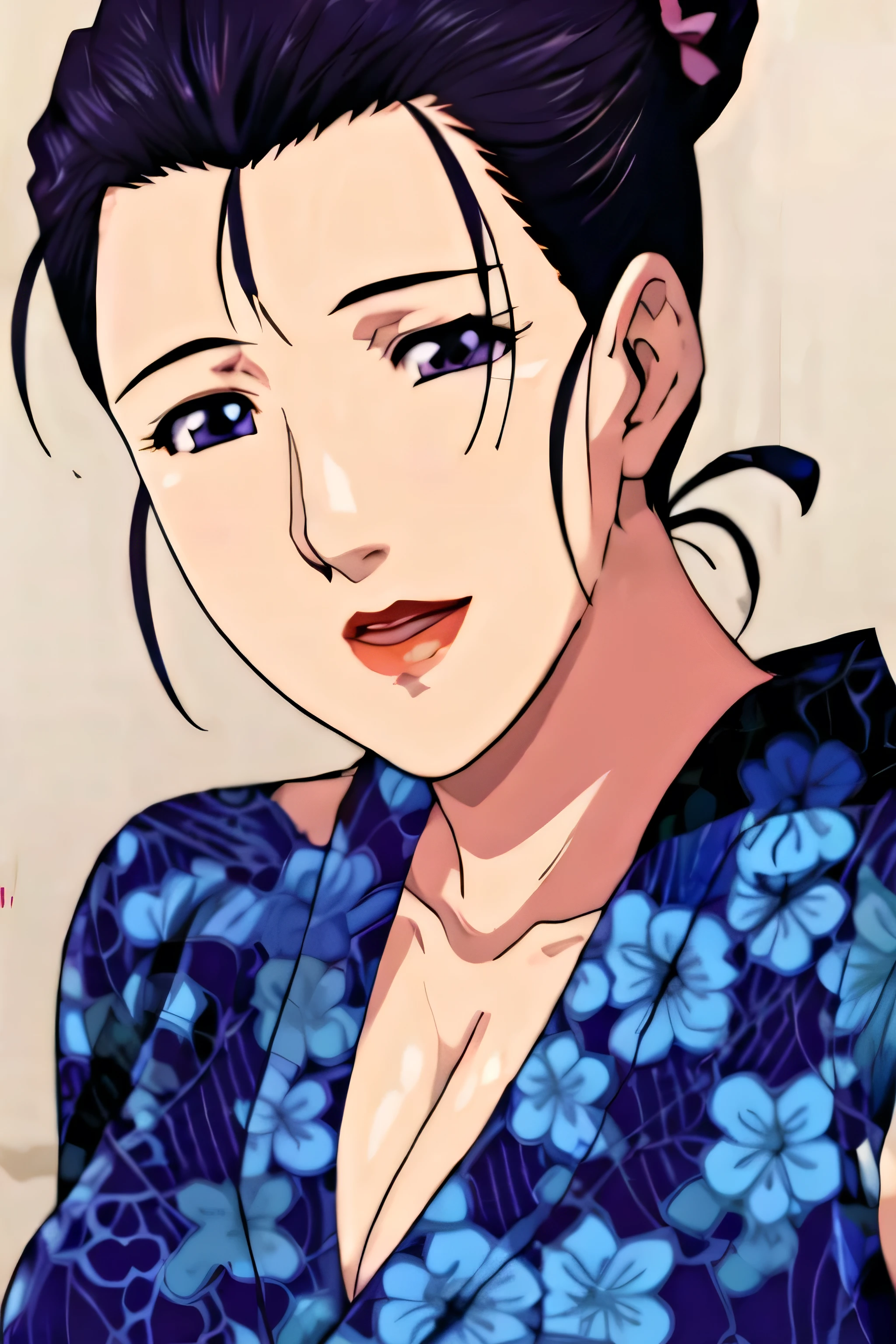 Simple Background,White Background,
purple kimono,floral print,japanese clothes,wide sleeves,long sleeves,
cleavage,
purple eyes, black hair,bangs,hair bun,
1 girl,Young female,Beautiful long legs,Beautiful body,
Beautiful Nose,Beautiful character design, perfect eyes, perfect face,expressive eyes,perfect balance,
looking at viewer,(Focus on her face),closed mouth, (innocent_big_eyes:1.0),(Light_Smile:0.3),
official art,extremely detailed CG unity 8k wallpaper, perfect lighting,Colorful, Bright_Front_face_Lighting,White skin,
(masterpiece:1.0),(best_quality:1.0), ultra high res,4K,ultra-detailed,
photography, 8K, HDR, highres, absurdres:1.2, Kodak portra 400, film grain, blurry background, bokeh:1.2, lens flare, (vibrant_color:1.2),professional photograph,
(Beautiful,large_Breasts:1.4), (beautiful_face:1.5),(narrow_waist),big boobs, navy blue, single bun hairstyle