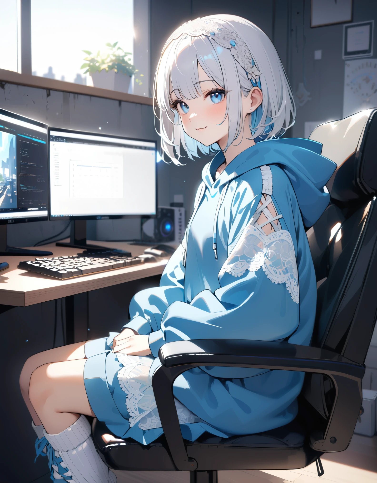 (8K, best quality, master piece: 1.2),super high resolution,1 girl,****,solo,ultra-detailed face,detailed eyes,blue eyes,:3,mascara,Short hair,lace-trimmed hairband,white hair,straight hair,oversized long sleeves light blue hoodie dress,(the dress with Sheer Lace-up sleeves:1.2),Sitting in a chair,Typing gaming PC,white leg warmers with five light blue ribbons,very cute,rim light,from side,concrete wall,modern room