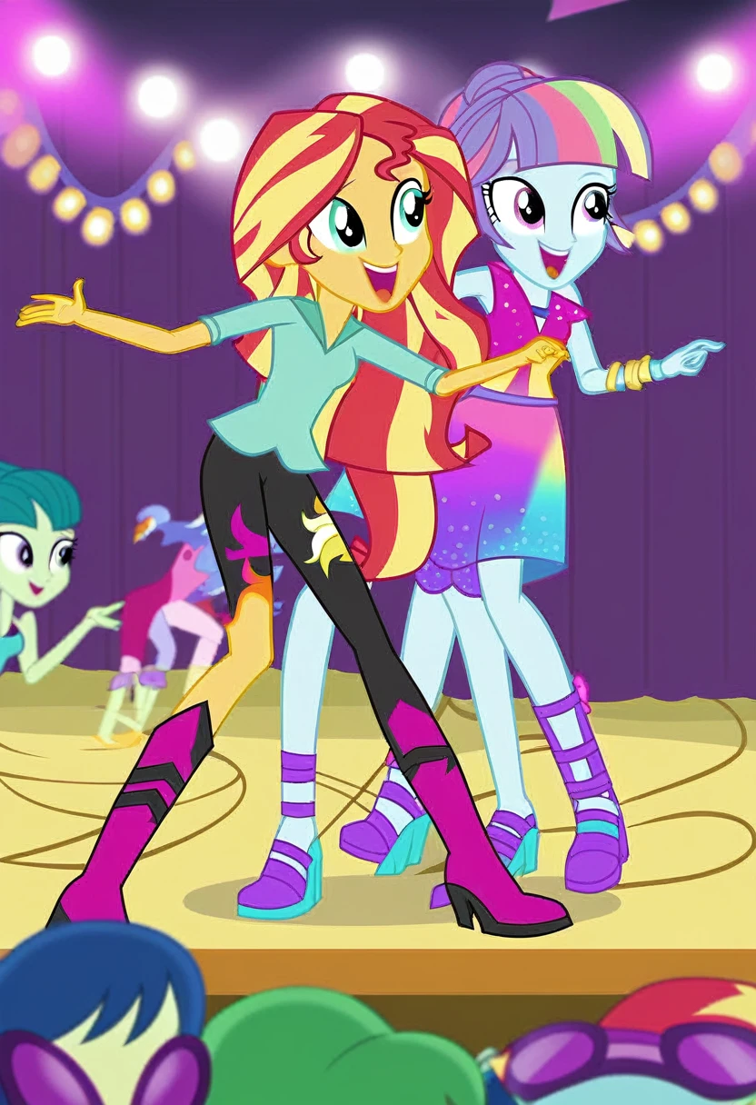 explicit, score_9, equestria_girls, cartoon, sunset_shimmer, starlight_glimmer, duo male, two girls and male pov, female, male, male pov, open fly pants, briefs, underwear, offscreen character, pov, View of the open fly in the pants and the girls located between the MC's crotch, male legs.