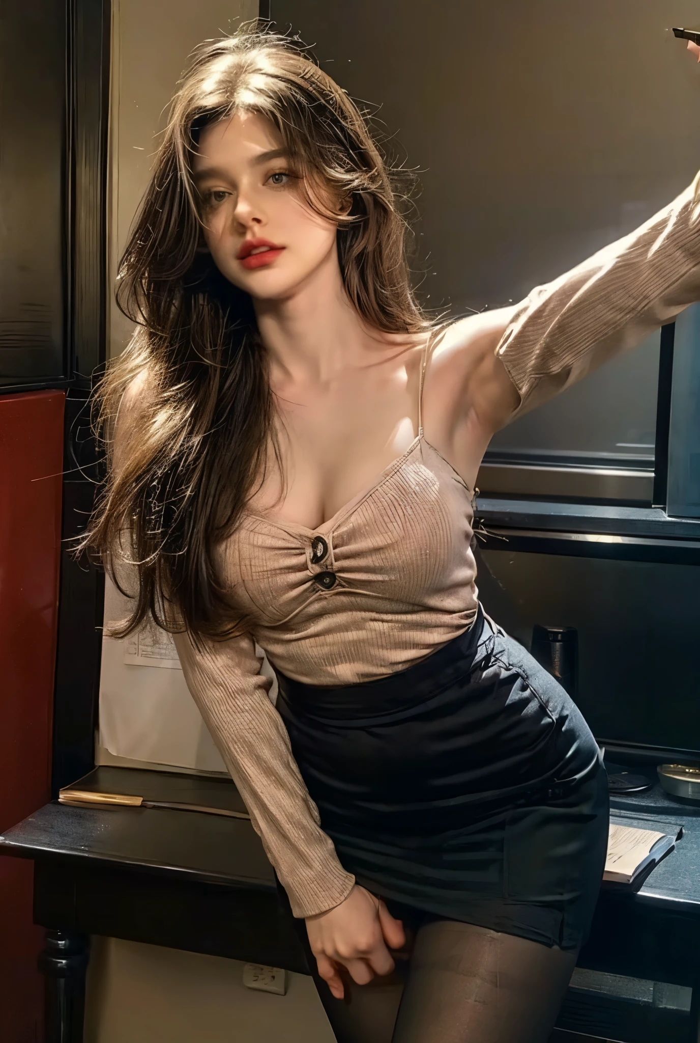 one curvy brunette teacher standing at the front of the room. Her long legs are encased in sheer stockings, leading up to a tight pencil skirt that hugs her hips. The top few buttons of her blouse are undone, teasing a glimpse of her ample cleavage. She bites her red-painted lip as she slowly runs a hand down her body, seducive pose,eyes locked on the viewers.