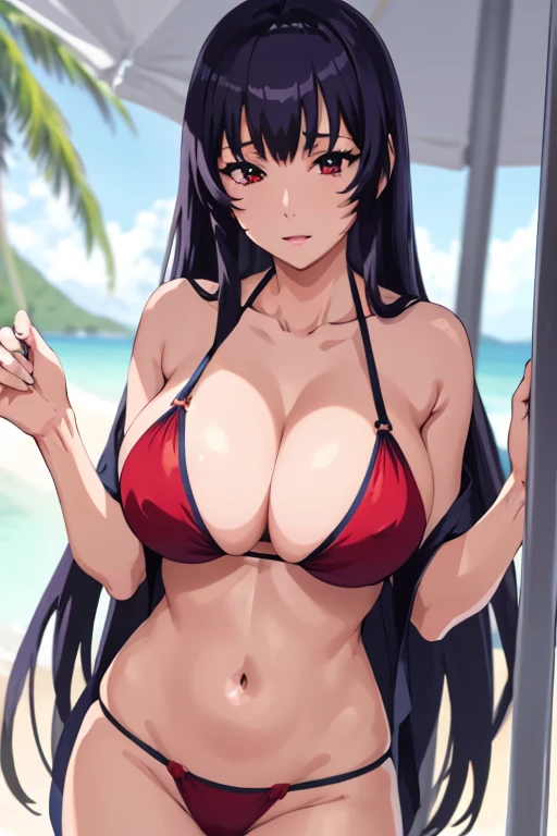 beautiful detailed eyes, beautiful detailed lips, Extremely detailed eyes and face, body from the knees up, long eyelashes, 1 girl, anime girl, adult woman, beautiful woman, black hair, very long hair, big breasts, red eyes, happy, slim body, standing, Red bikini, Background of a beach with palm trees (best quality, 4k, 8K, high resolution, masterpiece: 1.2) anime style, Style 2d, ultra detailed, bright colors, professional