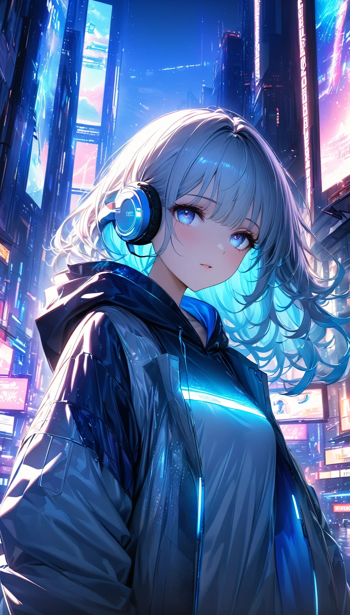 A vibrant cyberpunk city at night, featuring a young woman with bright blue eyes and short, wavy silver hair. She wears oversized headphones glowing with blue neon lights that match the futuristic atmosphere around her. Her clothing is a dark hoodie with reflective blue accents, adding to the high-tech aesthetic. The cityscape in the background is illuminated by the glow of neon signs, billboards, and towering buildings with sharp edges, creating a bustling and electric atmosphere. Her gaze is intense, and the lighting creates a striking contrast on her face, highlighting the futuristic theme of the scene. The overall color scheme is dominated by cool blues and purples, with occasional flashes of orange light reflecting off her clothing and hair. A sense of energy and motion is conveyed through the glowing cables running from her headphones and the soft blur of lights in the background, making the scene feel dynamic and alive,Focus on the young woman's eyes, making them glow with a vivid and captivating light. Her large, expressive eyes shimmer with an ethereal glow, reflecting the soft light of the sunset and the distant city lights. The irises are a brilliant shade of sapphire blue, with subtle hints of purple that catch the light at different angles, giving them a luminous, otherworldly quality. Her gaze is intense yet calm, drawing attention to the delicate glow in her eyes, as if they hold a deep, untold story. The soft glow of her eyes contrasts with the darker, muted tones of her surroundings, making them the focal point of the scene,masterpiece,best quality,ultra detailed,high-resolution,8k portrait,unity 8k wallpaper,extremely detailed CG unity 8k wallpaper