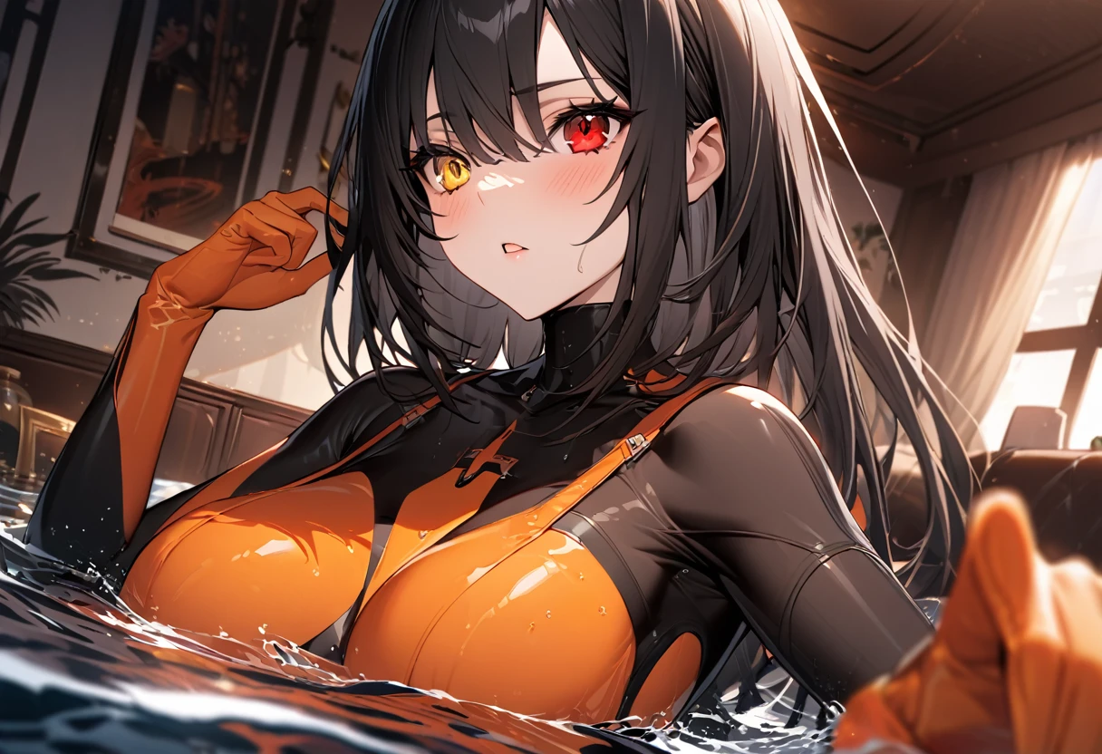 Tokisaki_walnut, One girl, Alone, woman,living room,original,Black Hair ,Heterochromia,Red Eye,Yellow Eyes(((Black bodysuit))),Orange Bodysuit,Ultra Girl,In the water,deep sea,Very detailed,Sharp focus,beautiful, Score_9, Score_8_Excellent, Score_7_Excellent,sauce_anime,