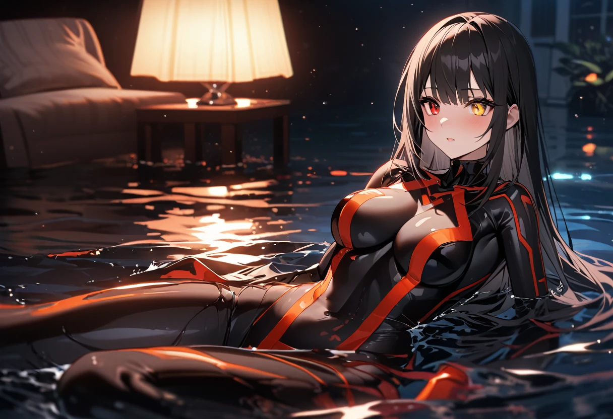 Tokisaki_walnut, One girl, Alone, woman,living room,original,Black Hair ,Heterochromia,Red Eye,Yellow Eyes(((Black bodysuit))),Orange Bodysuit,Ultra Girl,In the water,deep sea,Very detailed,Sharp focus,beautiful, Score_9, Score_8_Excellent, Score_7_Excellent,sauce_anime,