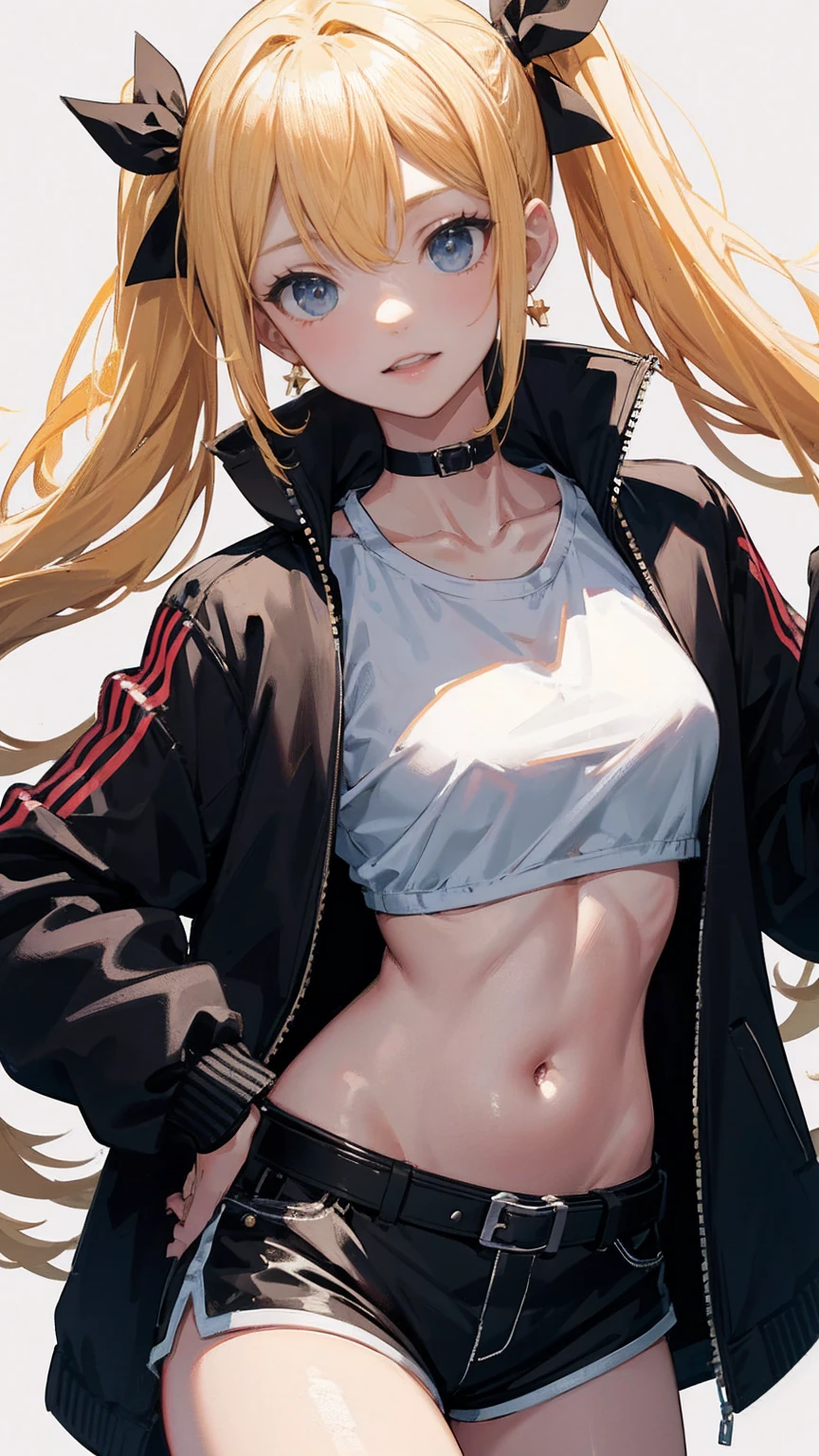 anime art of a Blondeed girl with yellow hair and black jacket, One girl, Alone, belly button, Shorts, jacket, Long Hair, smile, abdomen, chest, Open your mouth, black jacket, Twin tails, Choker, short Shorts, View your viewers, Hair accessories, belt, white shirt, Blonde, shirt, open jacket, black Shorts, Crop top, Earrings, x Hair accessories, black Choker, jewelry, :d, Simple Background, Cowboy Shot, cropped jacket, Clevis, black belt, Open clothes, White background, clavicle, hair ribbon, ribbon, low Twin tails , (Best Quality, masterpiece, Super detailed, figure:1.2),(8K wallpaper),(beautiful Detailed eyes:1.2), beautiful, wonderful, Detailed eyes, (Detailed skin),Cinematic Lighting