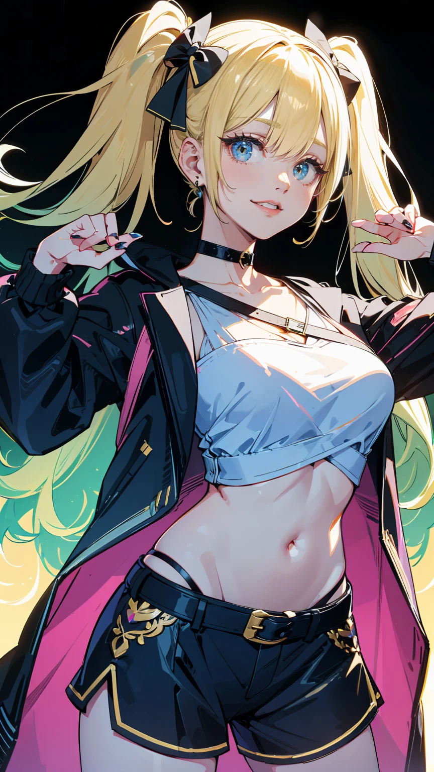 anime art of a Blondeed girl with yellow hair and black jacket, One girl, Alone, belly button, Shorts, jacket, Long Hair, smile, abdomen, chest, Open your mouth, black jacket, Twin tails, Choker, short Shorts, View your viewers, Hair accessories, belt, white shirt, Blonde, shirt, open jacket, black Shorts, Crop top, Earrings, x Hair accessories, black Choker, jewelry, :d, Simple Background, Cowboy Shot, cropped jacket, Clevis, black belt, Open clothes, White background, clavicle, hair ribbon, ribbon, low Twin tails , (Best Quality, masterpiece, Super detailed, figure:1.2),(8K wallpaper),(beautiful Detailed eyes:1.2), beautiful, wonderful, Detailed eyes, (Detailed skin),Cinematic Lighting