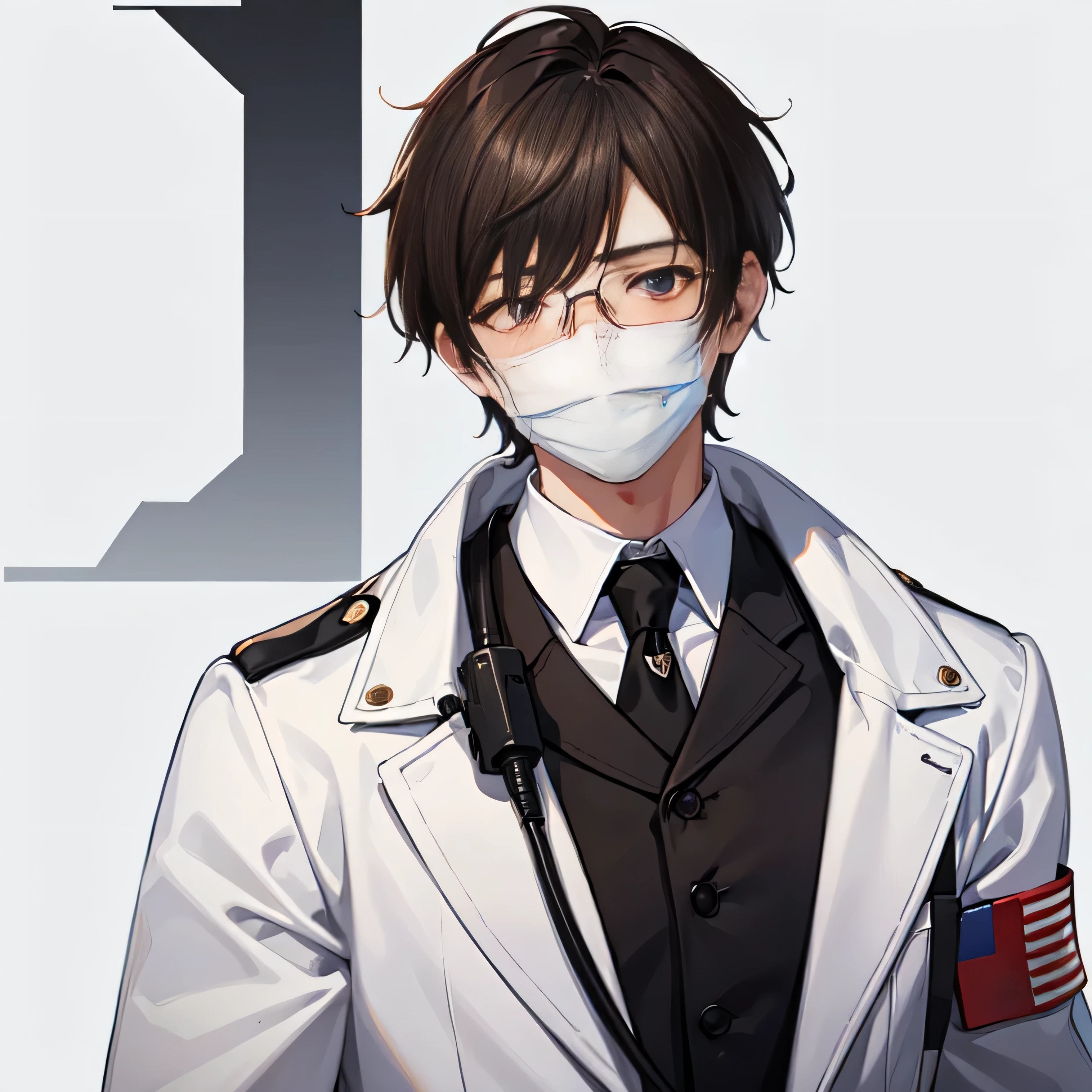 ung guy, brown Hairstyle covering one eye , eye blue pupils, white U.S army doctor, wearing white mask, strong, white gloves, glasses, small medic pack