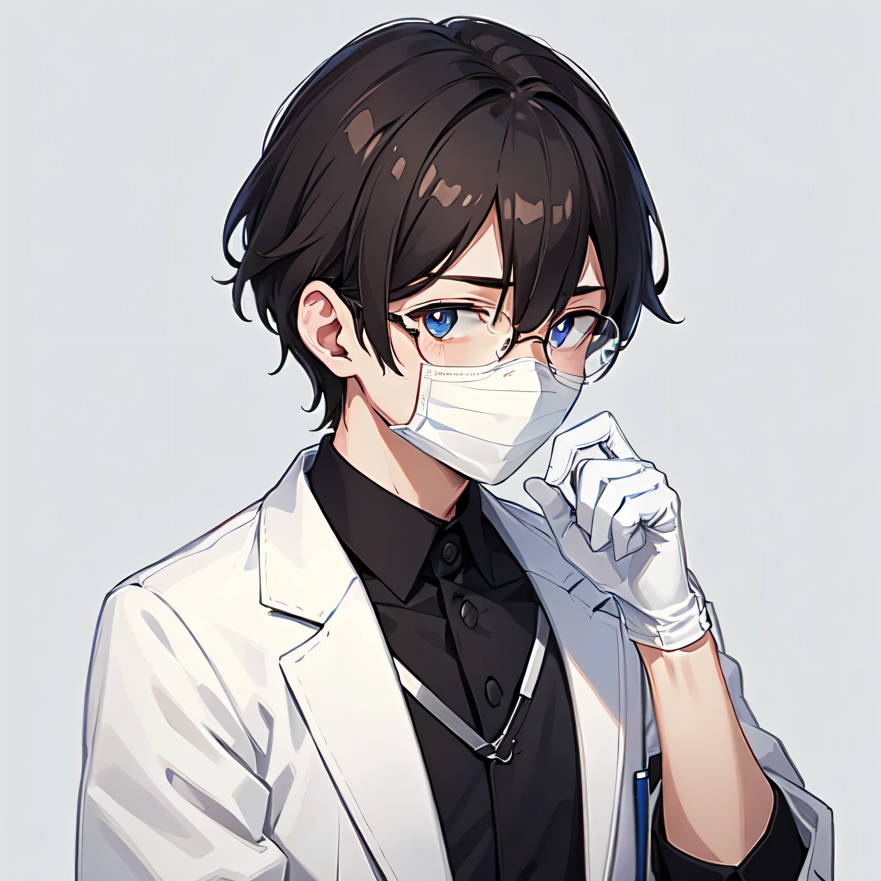 ***ung guy, brown Hairstyle covering one eye , eye blue pupils, white U.S army doctor, wearing white mask, strong, white gloves, glasses, small medic pack