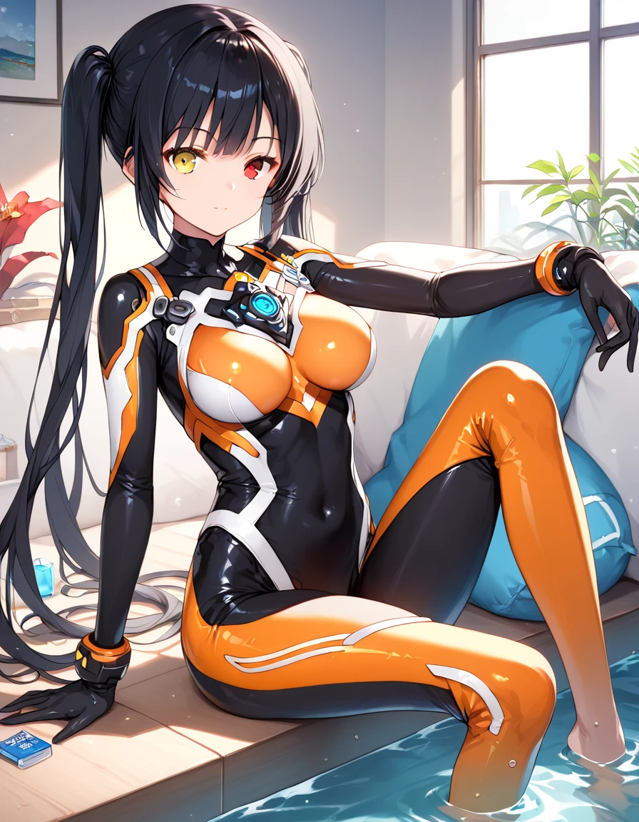 Tokisaki_walnut, One girl, Alone, woman,living room,original,Black Hair ,Heterochromia,Red Eye,Yellow Eyes(((Black bodysuit))),Orange Bodysuit,Ultra Girl,In the water,deep sea,Very detailed,Sharp focus,beautiful, Score_9, Score_8_Excellent, Score_7_Excellent,sauce_anime,