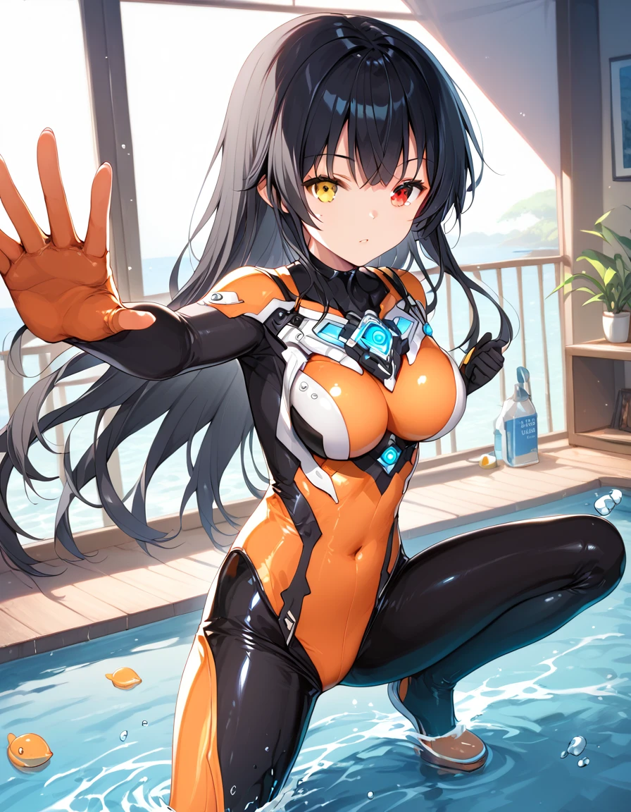 Tokisaki_walnut, One girl, Alone, woman,living room,original,Black Hair ,Heterochromia,Red Eye,Yellow Eyes(((Black bodysuit))),Orange Bodysuit,Ultra Girl,In the water,deep sea,Very detailed,Sharp focus,beautiful, Score_9, Score_8_Excellent, Score_7_Excellent,sauce_anime,