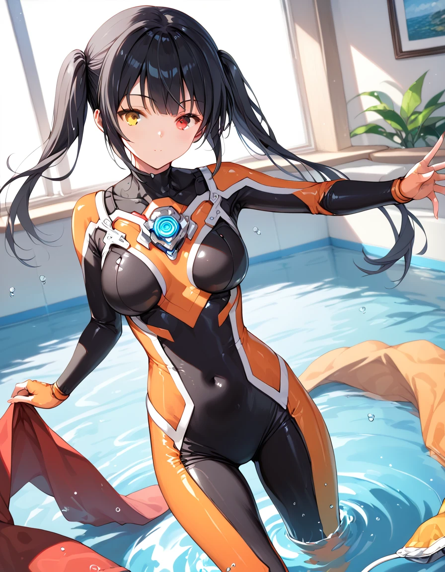 Tokisaki_walnut, One girl, Alone, woman,living room,original,Black Hair ,Heterochromia,Red Eye,Yellow Eyes(((Black bodysuit))),Orange Bodysuit,Ultra Girl,In the water,deep sea,Very detailed,Sharp focus,beautiful, Score_9, Score_8_Excellent, Score_7_Excellent,sauce_anime,