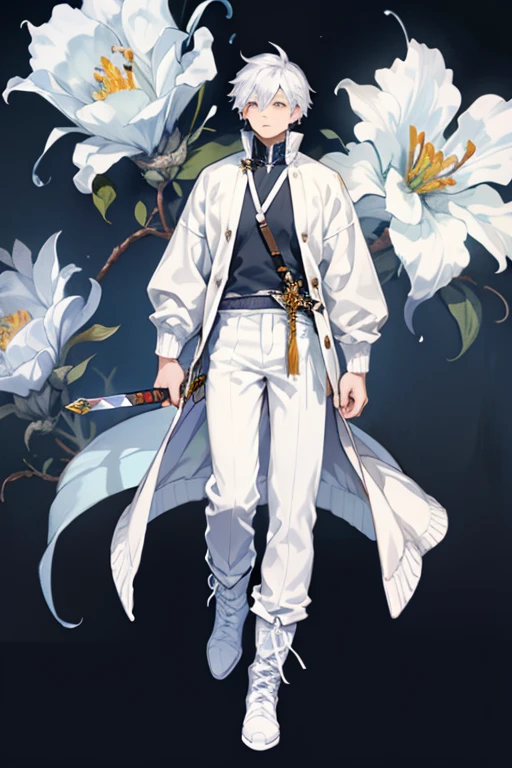 One man、whole body、Standing、Has a short sword、Large white cardigan、long pants,boots