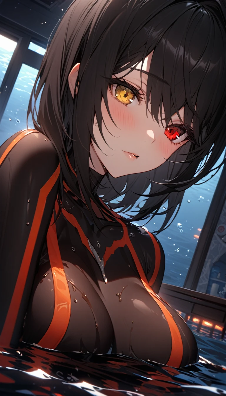 (masterpiece, best quality, very aesthetic, absurdres, general),Creepy woman, looking down, bright smile, glaring eyes, black clothes,Shining woman,woman sucked into a black hole,exposed thighs, fluffy