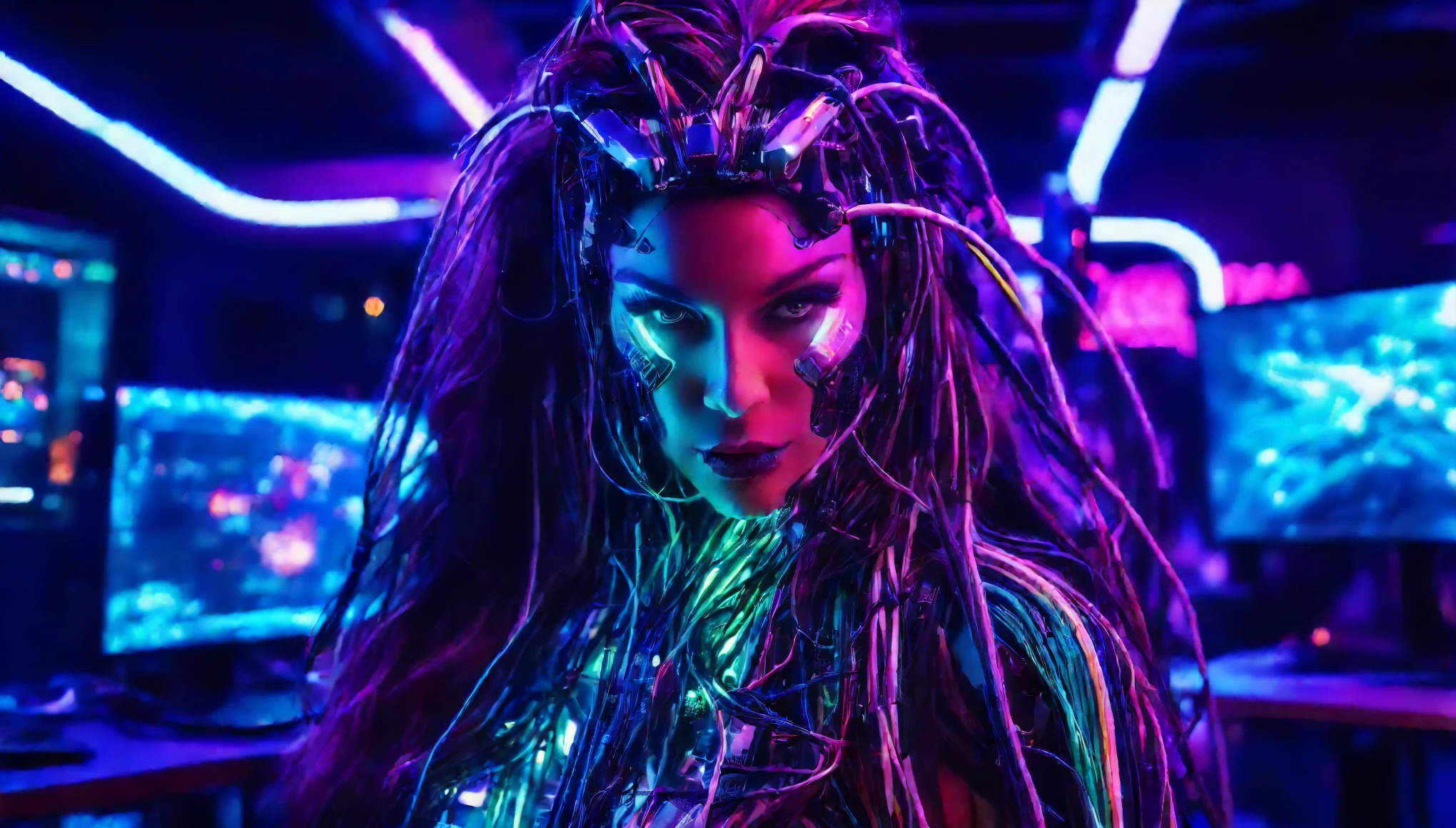 High Technology, Futuristic, Cyborg MILF, (Realistic:1.4), Long hair made of cables, robot, Many computer cables in the background, Ultra-high resolution, Ultra-high resolution, 8k, Neon Light, American Culture,