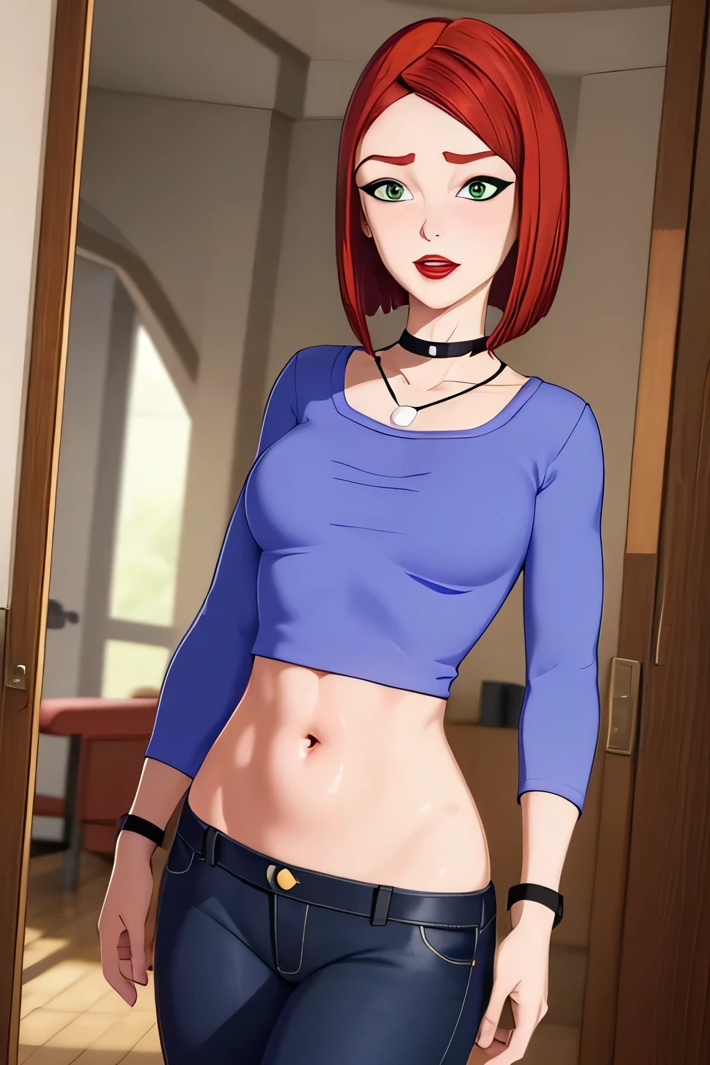 super fine illustration, vibrant colors, masterpiece, sharp focus, best quality, depth of field, looking down, cinematic lighting, ultra detailed, solo, 1girl, bellybutton, navel, tummy, choker, jewelry, necklace, black choker, blue shirt, crop top, long sleeves, black_pants, jeans, denim, wristband, red hair, short hair, green eyes, makeup, lipstick, red lips, bob cut, lips, mature woman, indoors, small breasts, CARTOON_merry_jane_watson_SMTAS_ownwaifu, www.ownwaifu.com, hips, slim, slender, embarrassed, open mouth, hand on own stomach, blush, teeth, belly, teeth