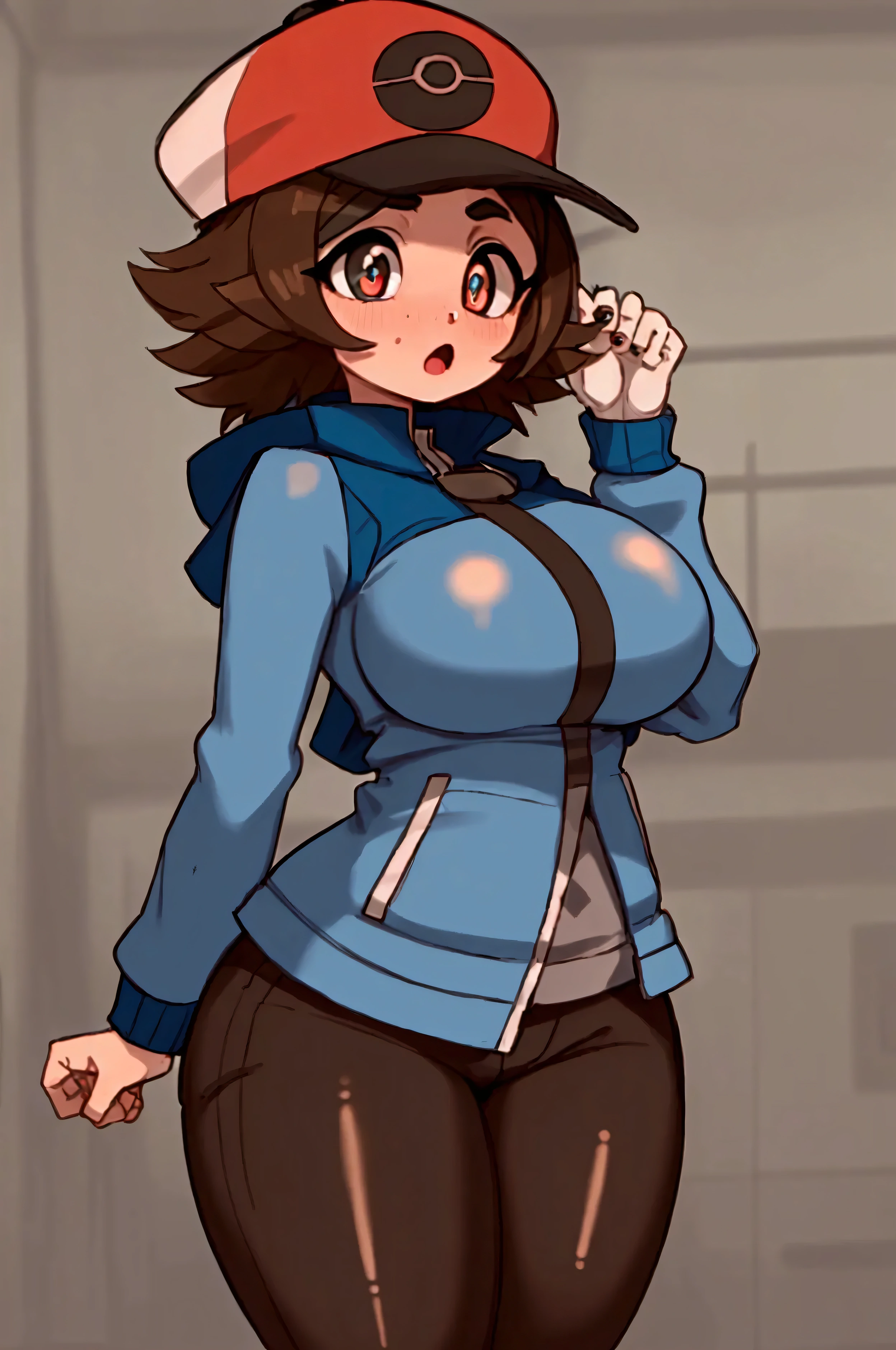 ((masterpiece, best quality)), 1girl, Hilbert (\pokemon\), large breasts, black pants, brown hair, jacket, (blue jacket), brown eyes, baseball cap, (red hat), short hair, wide eyes, round eyes, thick thighs, :O, O_O, flustered, ((scared)), shocked, ((wide eyed)), android, short hair, (big eyes:1.5), blush, smoke, android, mechanical parts, sparks, ((cross-eyed: 1.5)), ((constricted pupils)),