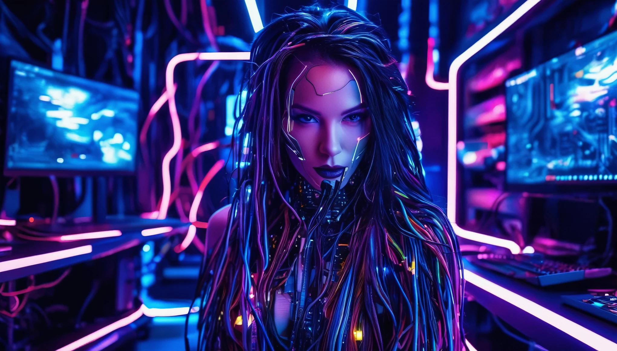 High Technology, Futuristic, Cyborg MILF, (Realistic:1.4), Long hair made of cables, robot, Many computer cables in the background, Ultra-high resolution, Ultra-high resolution, 8k, Neon Light, American Culture,